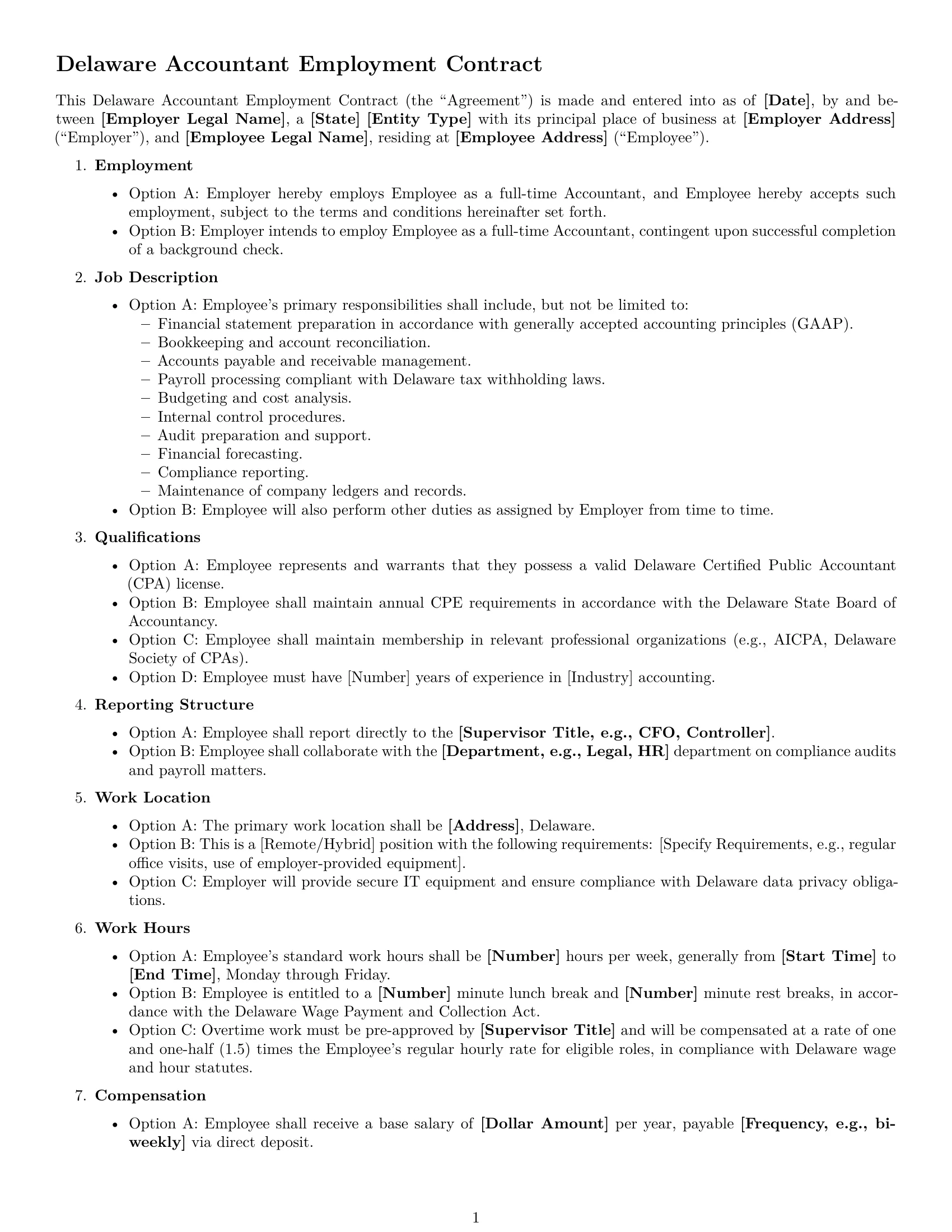 Preview page 1 of Free Delaware accountant employment contract template