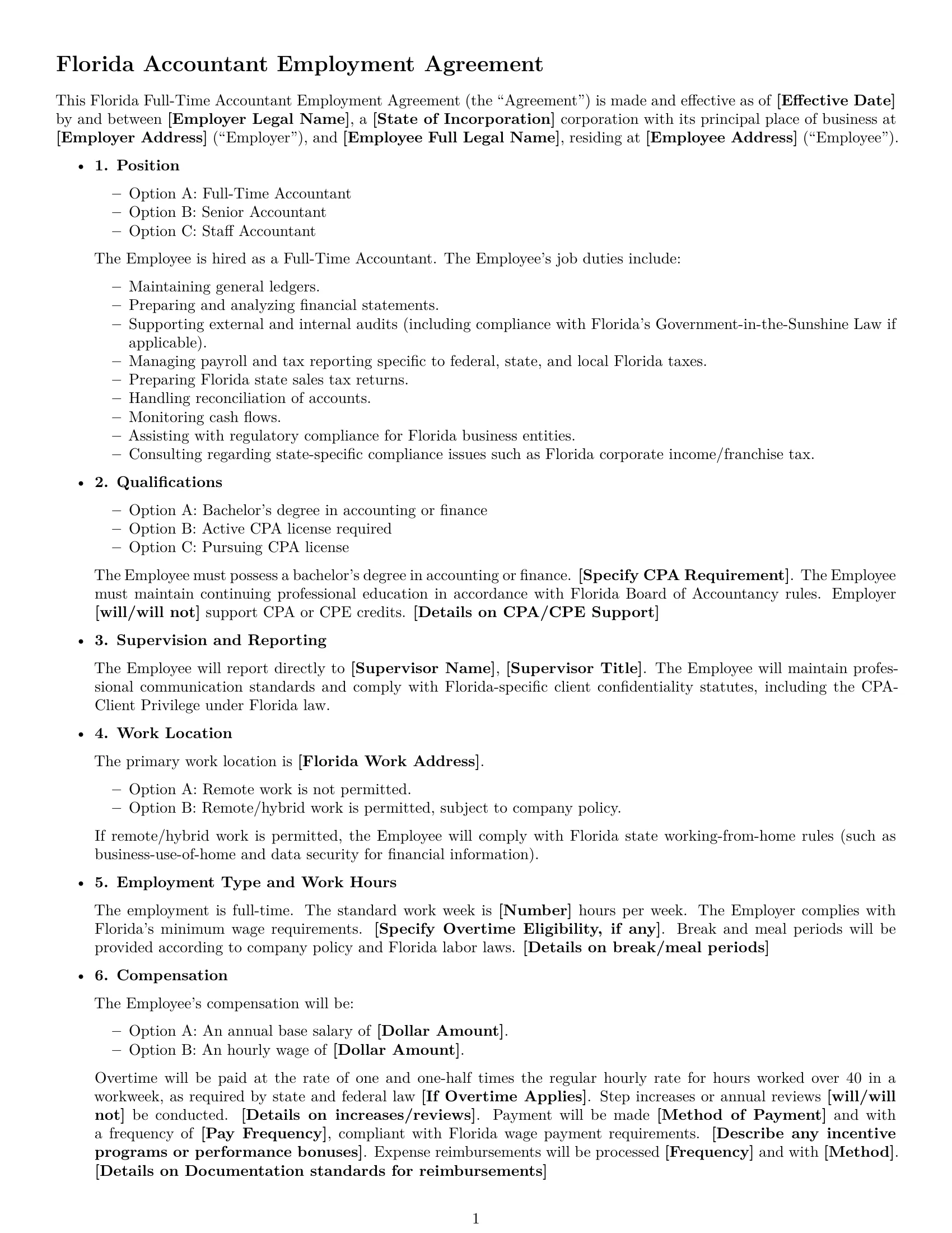 Preview page 1 of Free Florida accountant employment contract template