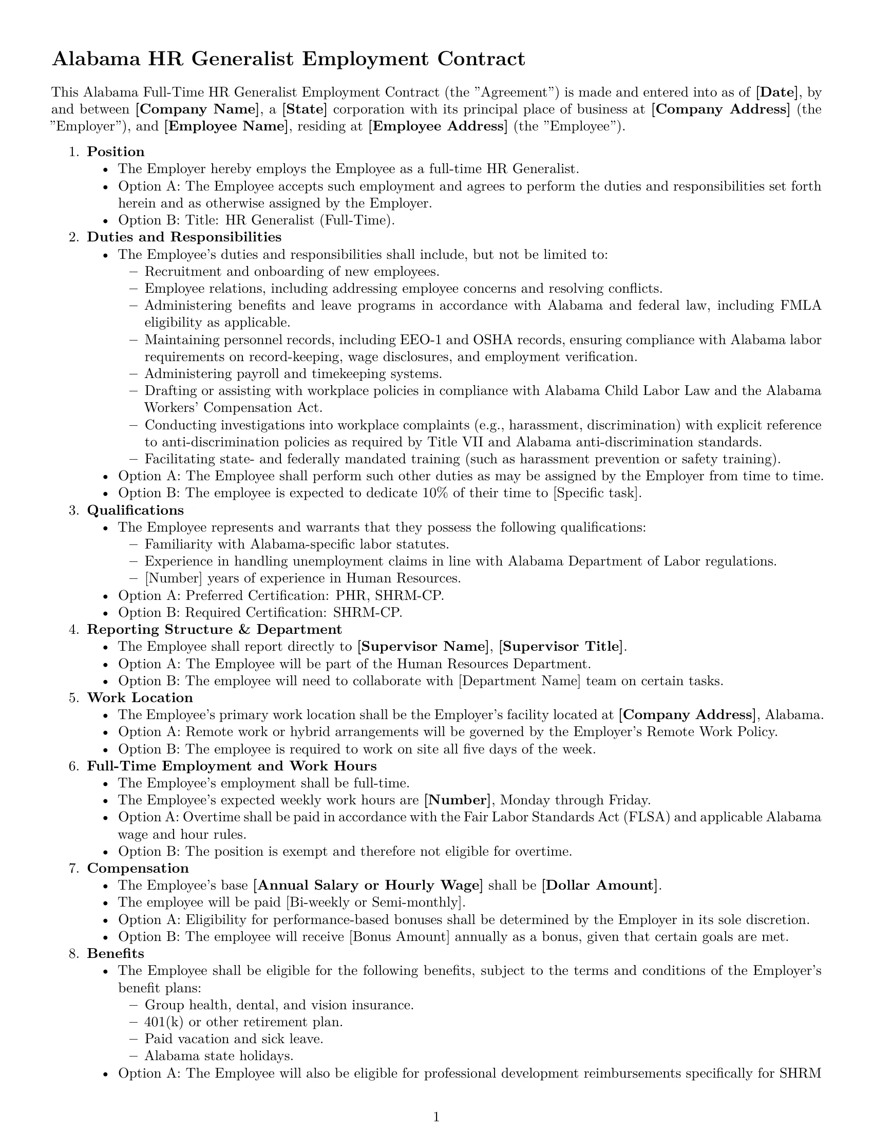 Preview page 1 of Free Alabama HR generalist employment contract template
