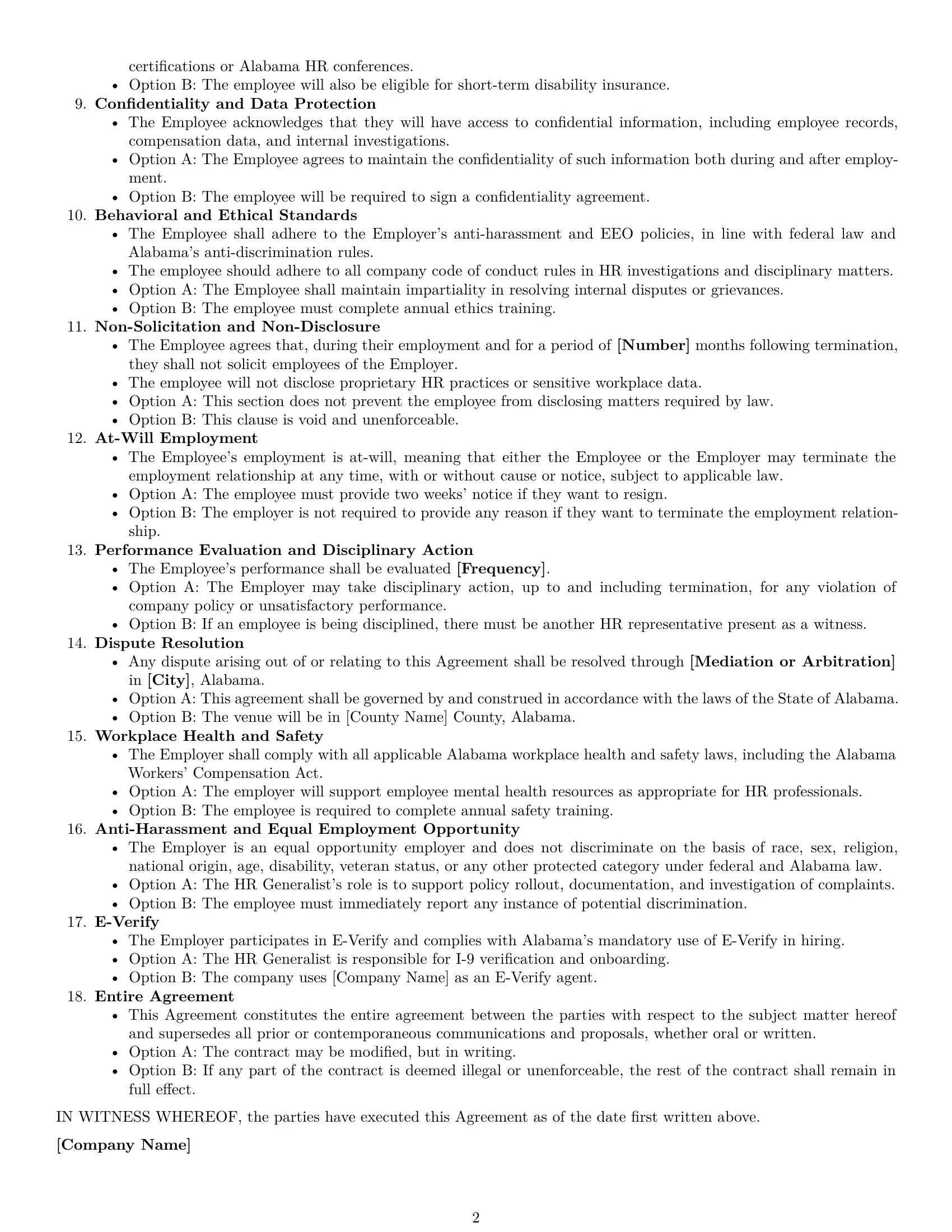 Preview page 2 of Free Alabama HR generalist employment contract template