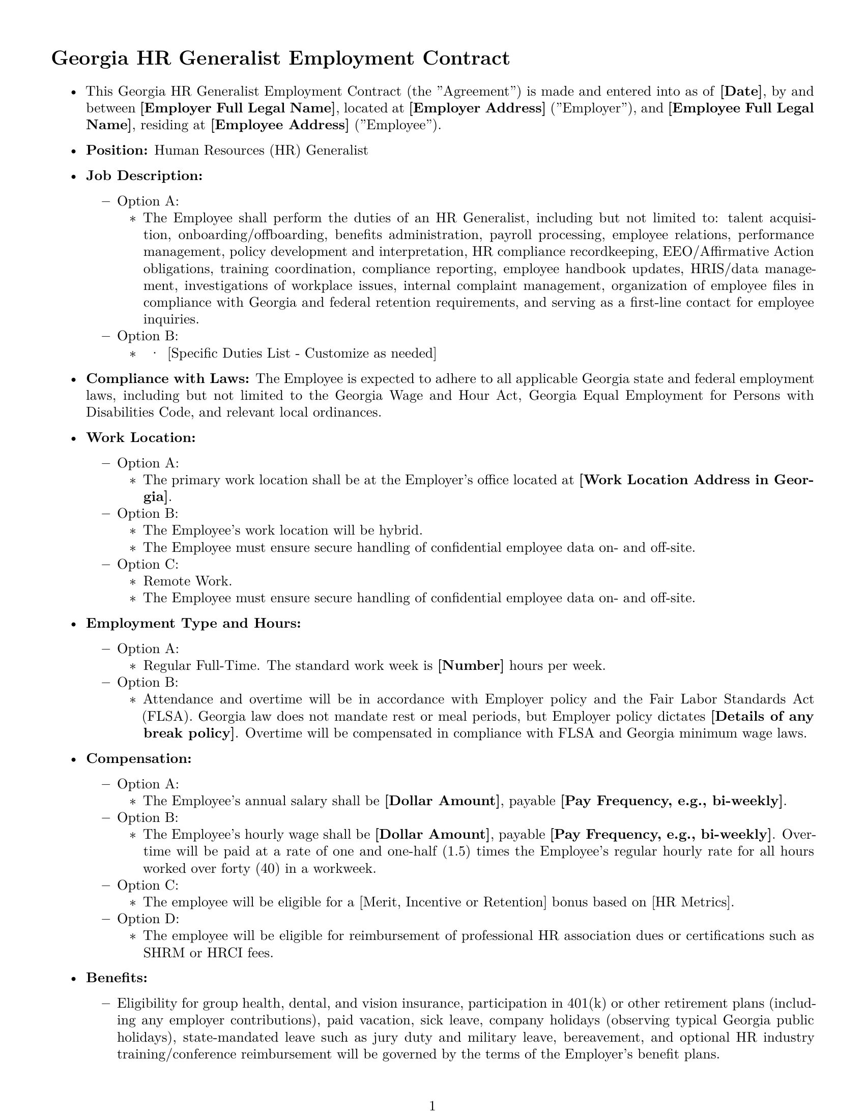 Preview page 1 of Free Georgia HR generalist employment contract template