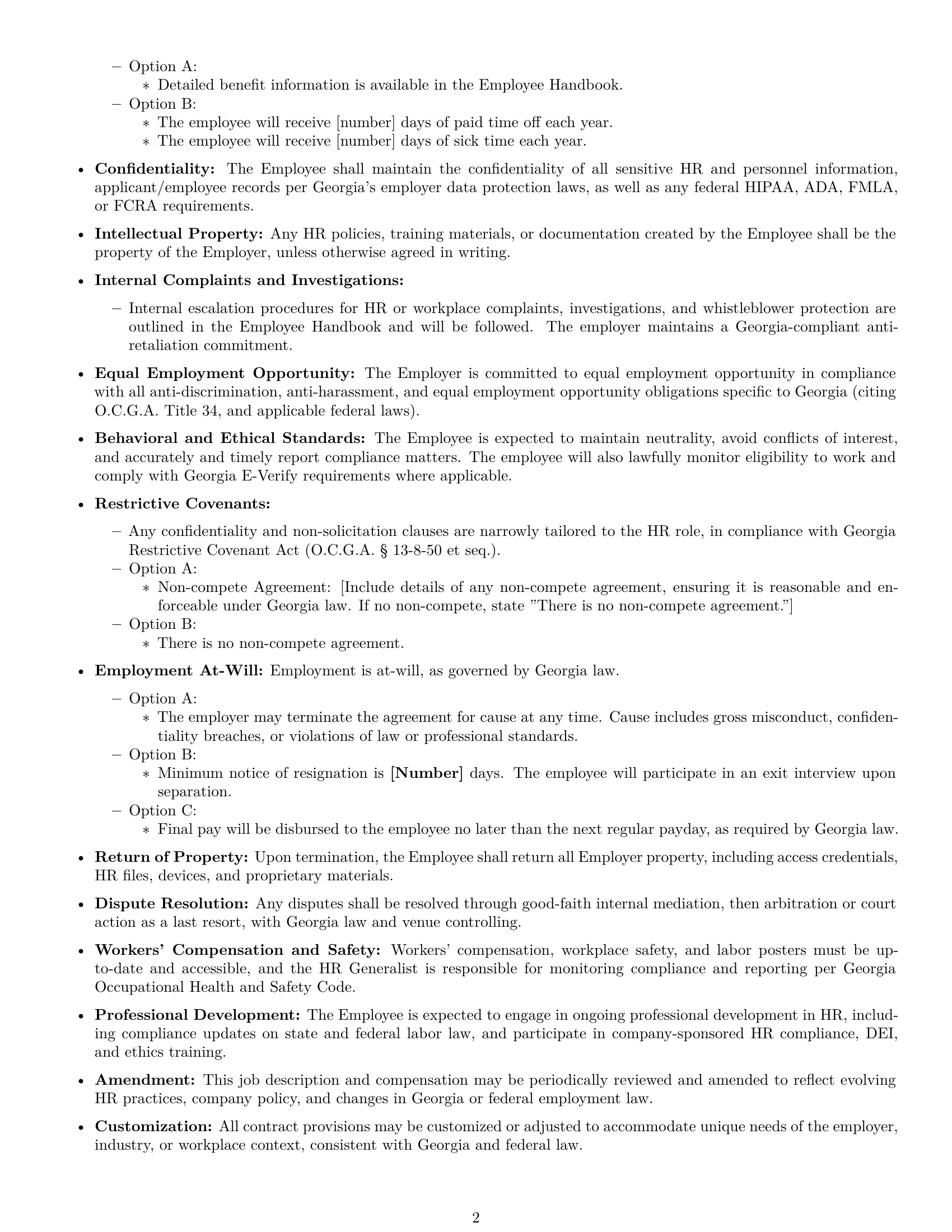 Preview page 2 of Free Georgia HR generalist employment contract template