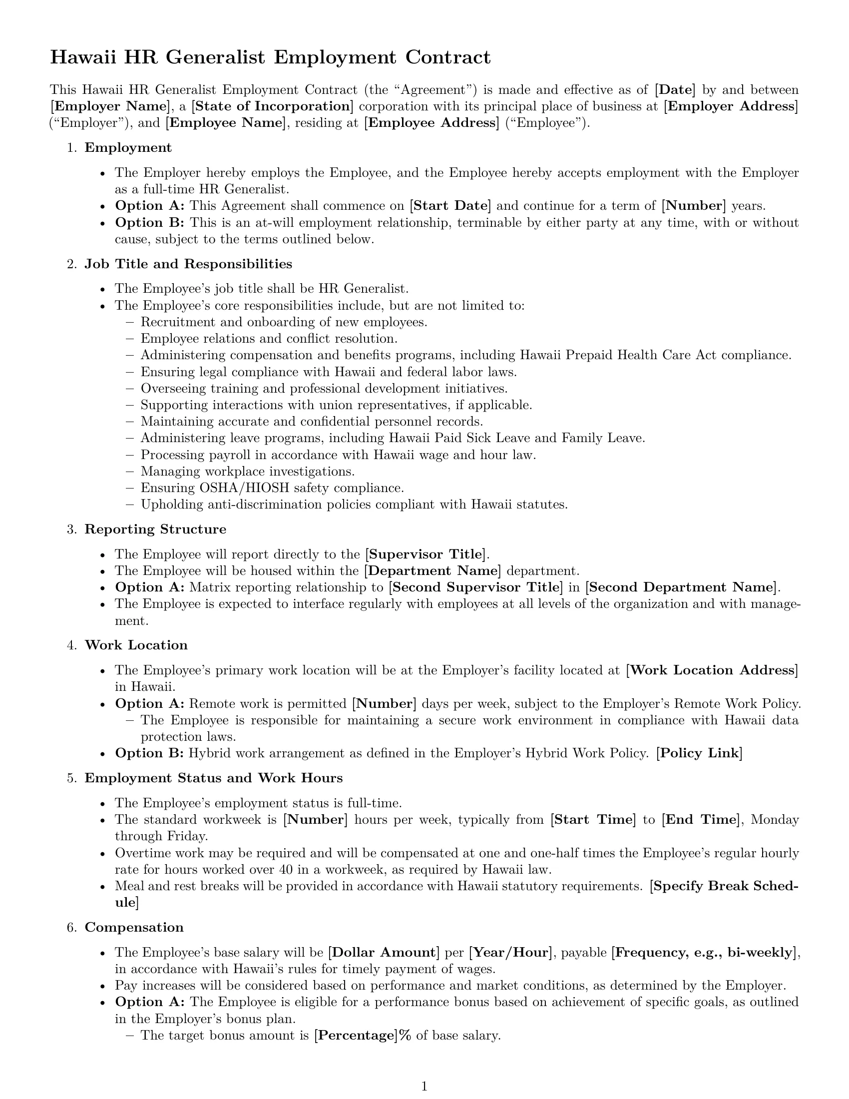Preview page 1 of Free Hawaii HR generalist employment contract template