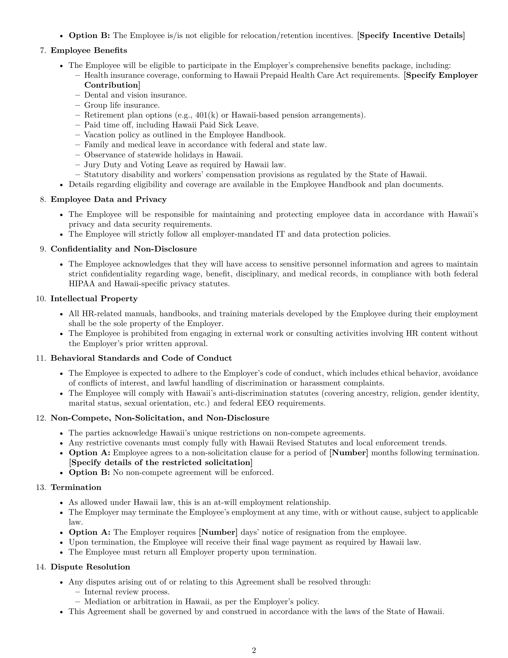 Preview page 2 of Free Hawaii HR generalist employment contract template