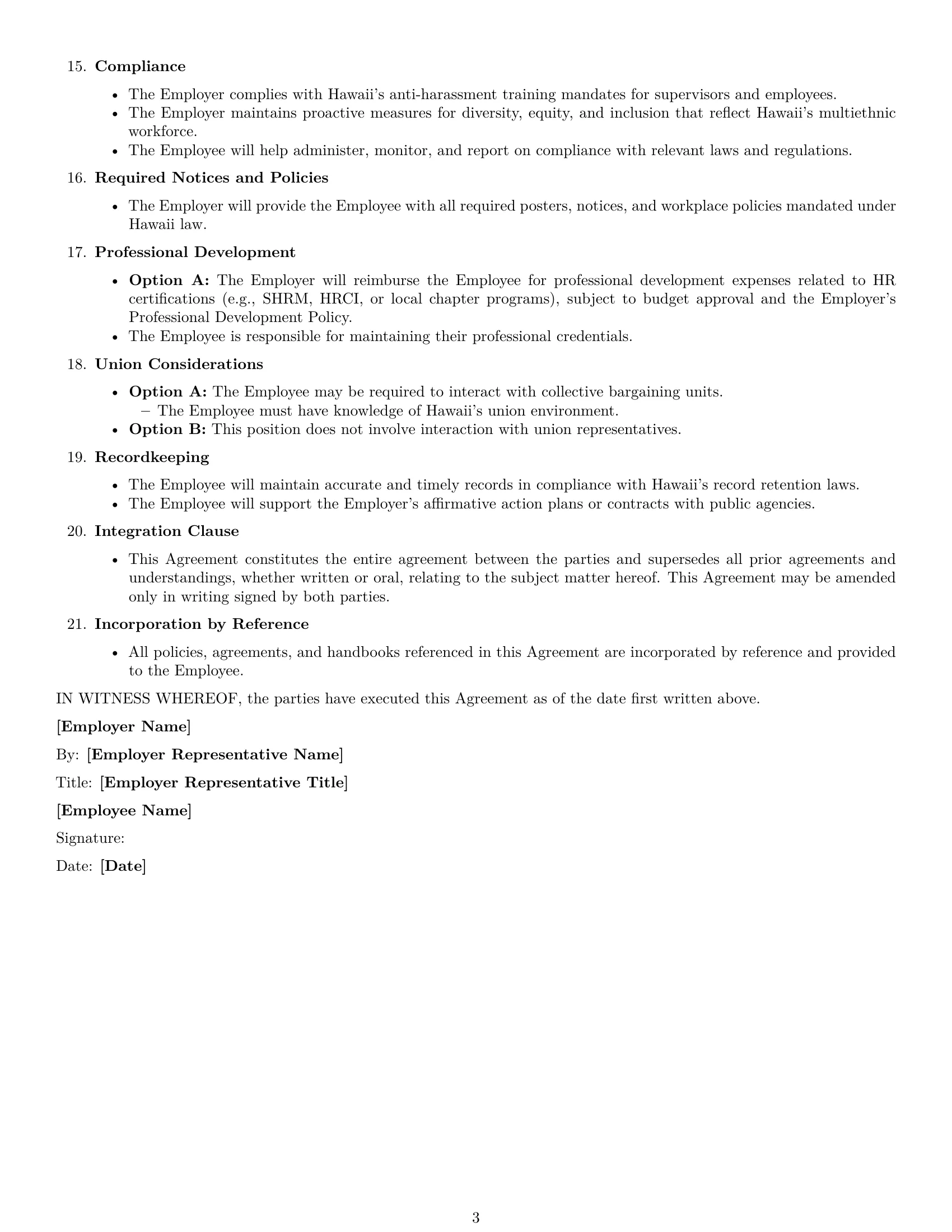 Preview page 3 of Free Hawaii HR generalist employment contract template
