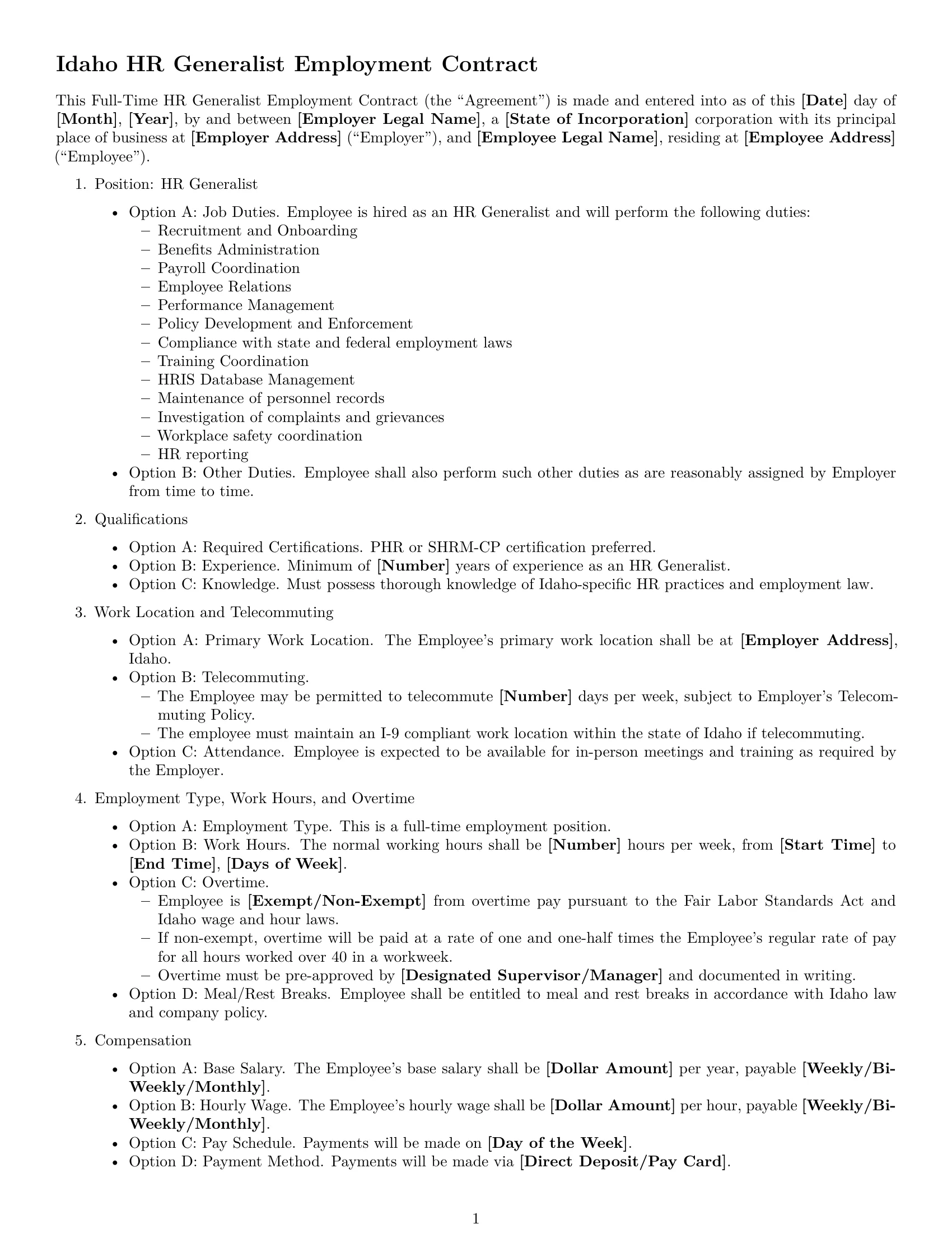 Preview page 1 of Free Idaho HR generalist employment contract template
