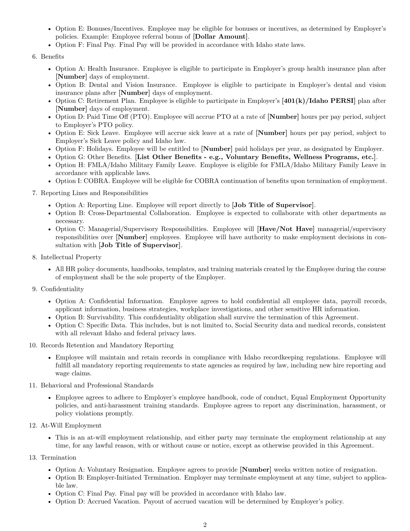 Preview page 2 of Free Idaho HR generalist employment contract template