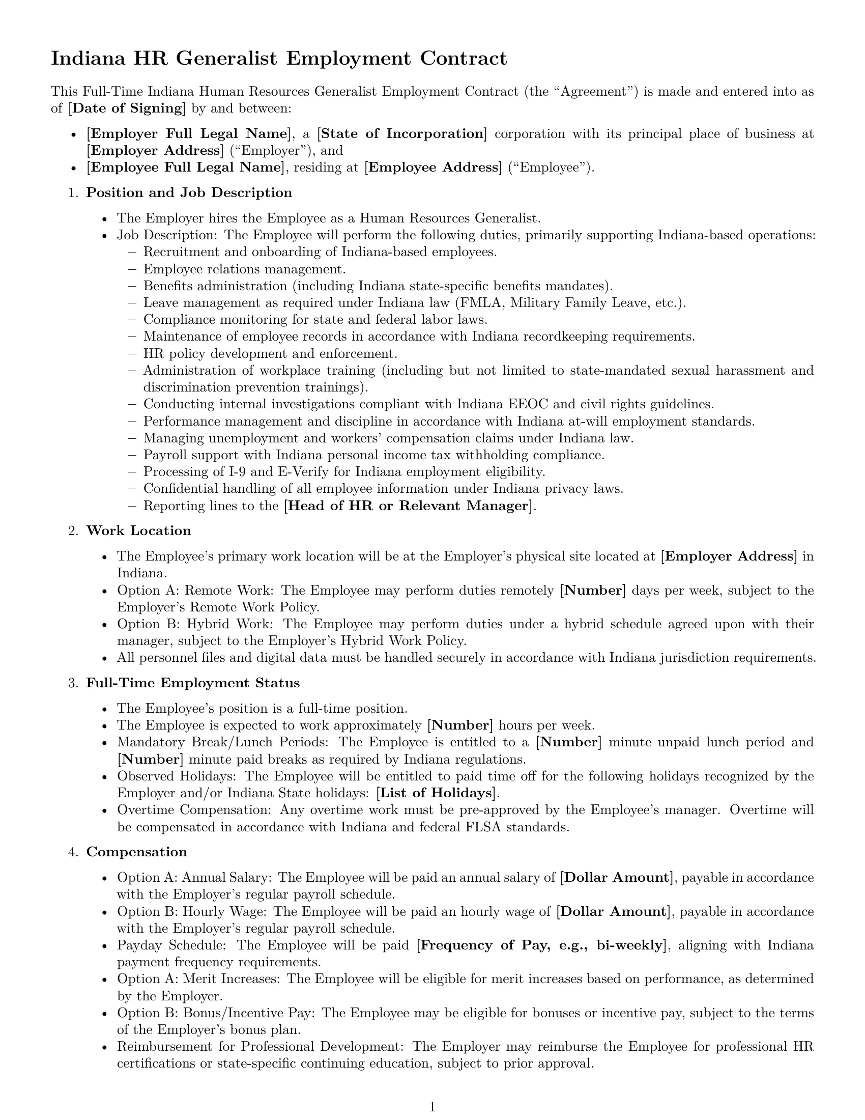 Preview page 1 of Free Indiana HR generalist employment contract template