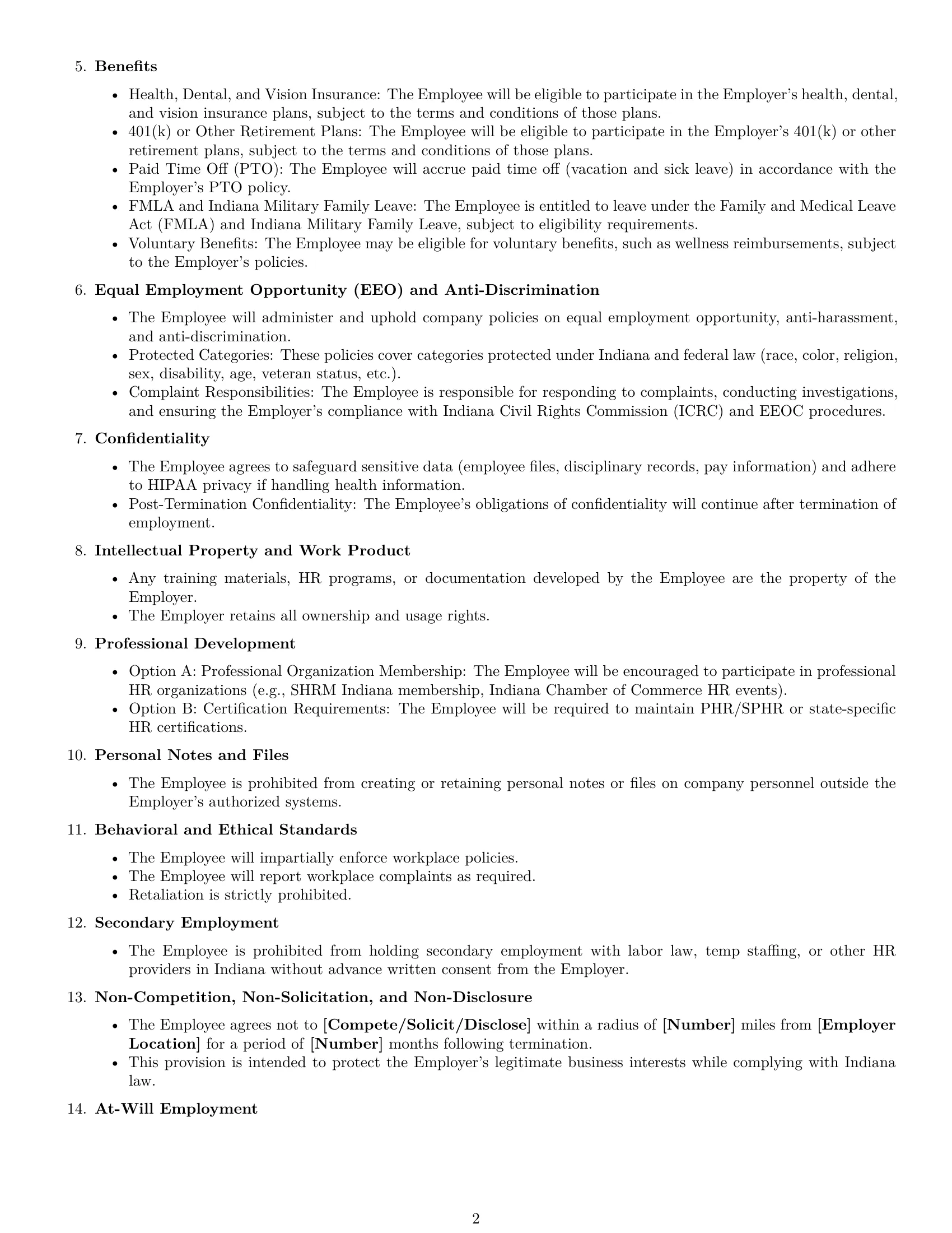Preview page 2 of Free Indiana HR generalist employment contract template