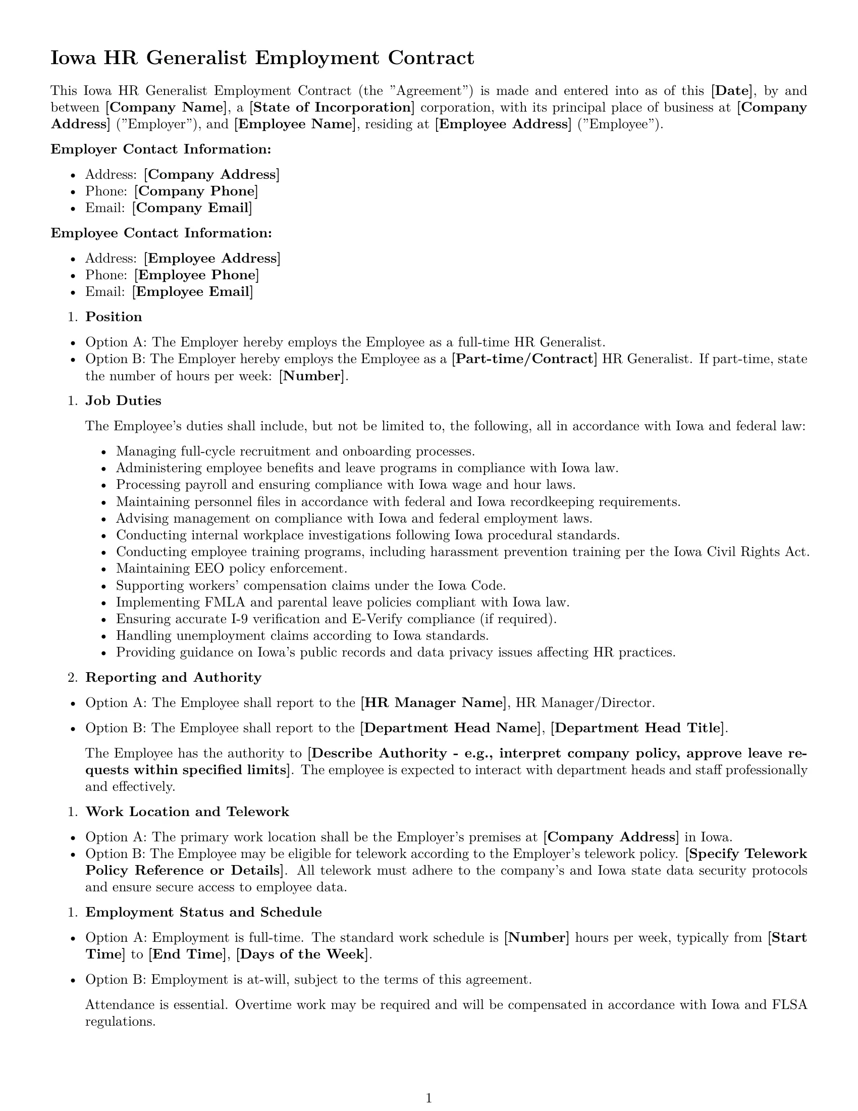 Preview page 1 of Free Iowa HR generalist employment contract template