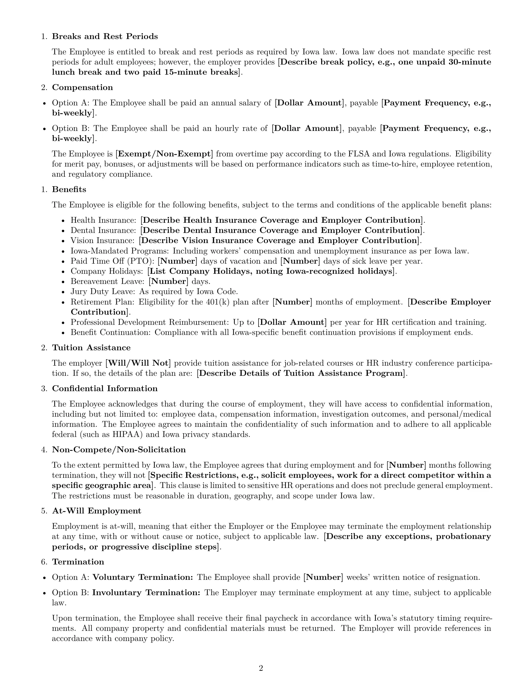 Preview page 2 of Free Iowa HR generalist employment contract template