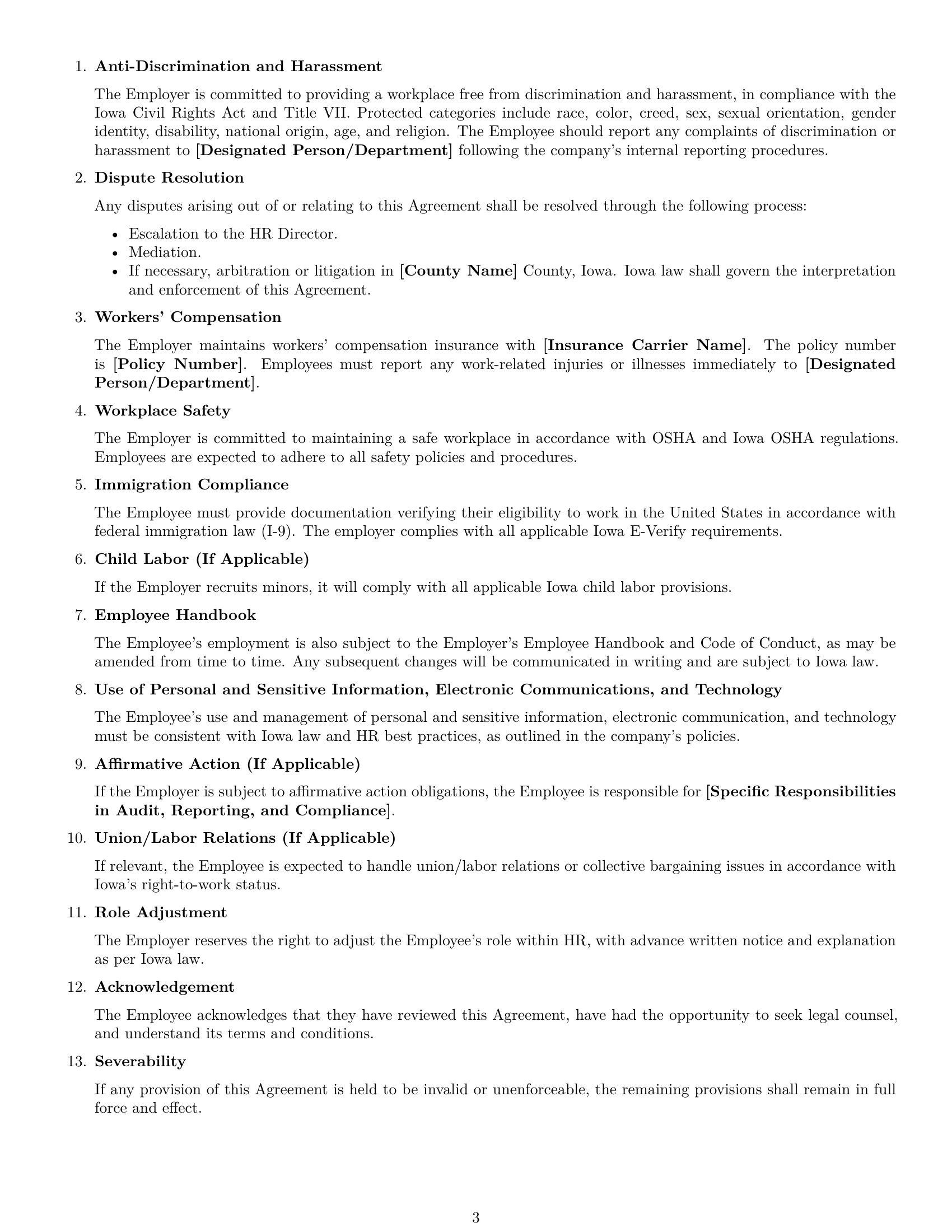 Preview page 3 of Free Iowa HR generalist employment contract template