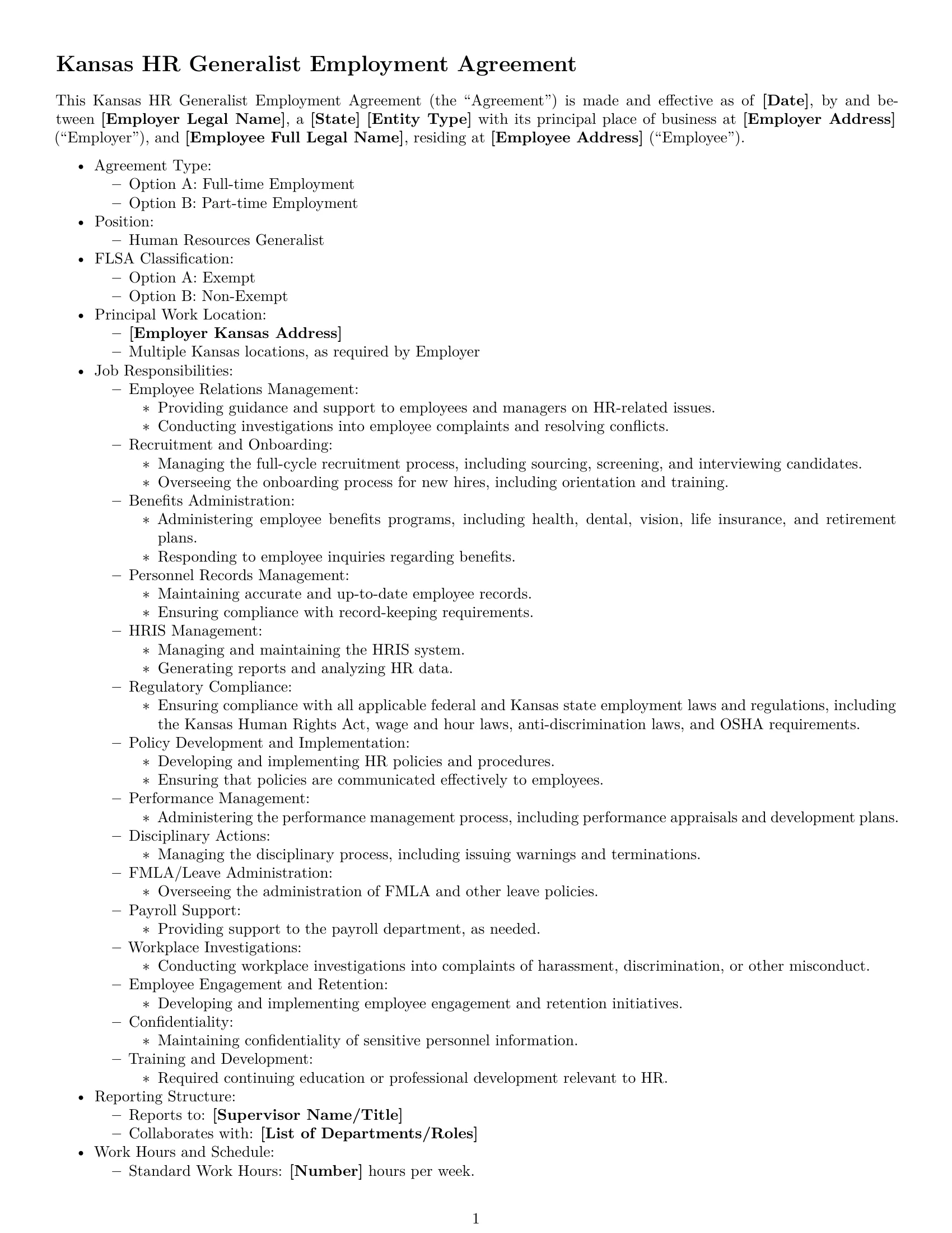 Preview page 1 of Free Kansas HR generalist employment contract template