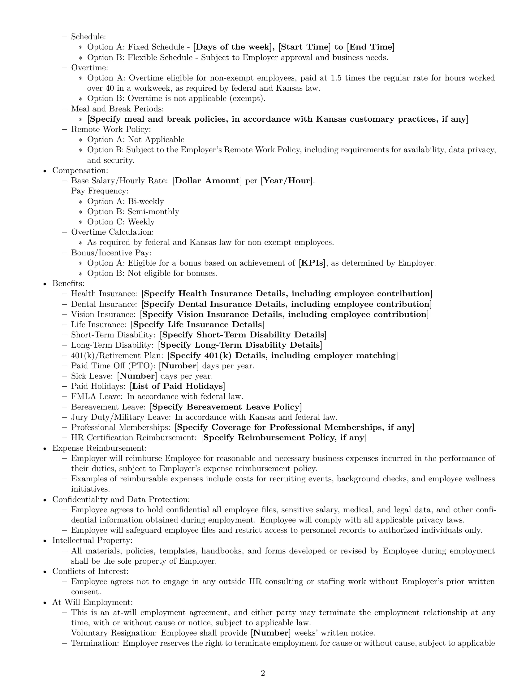 Preview page 2 of Free Kansas HR generalist employment contract template