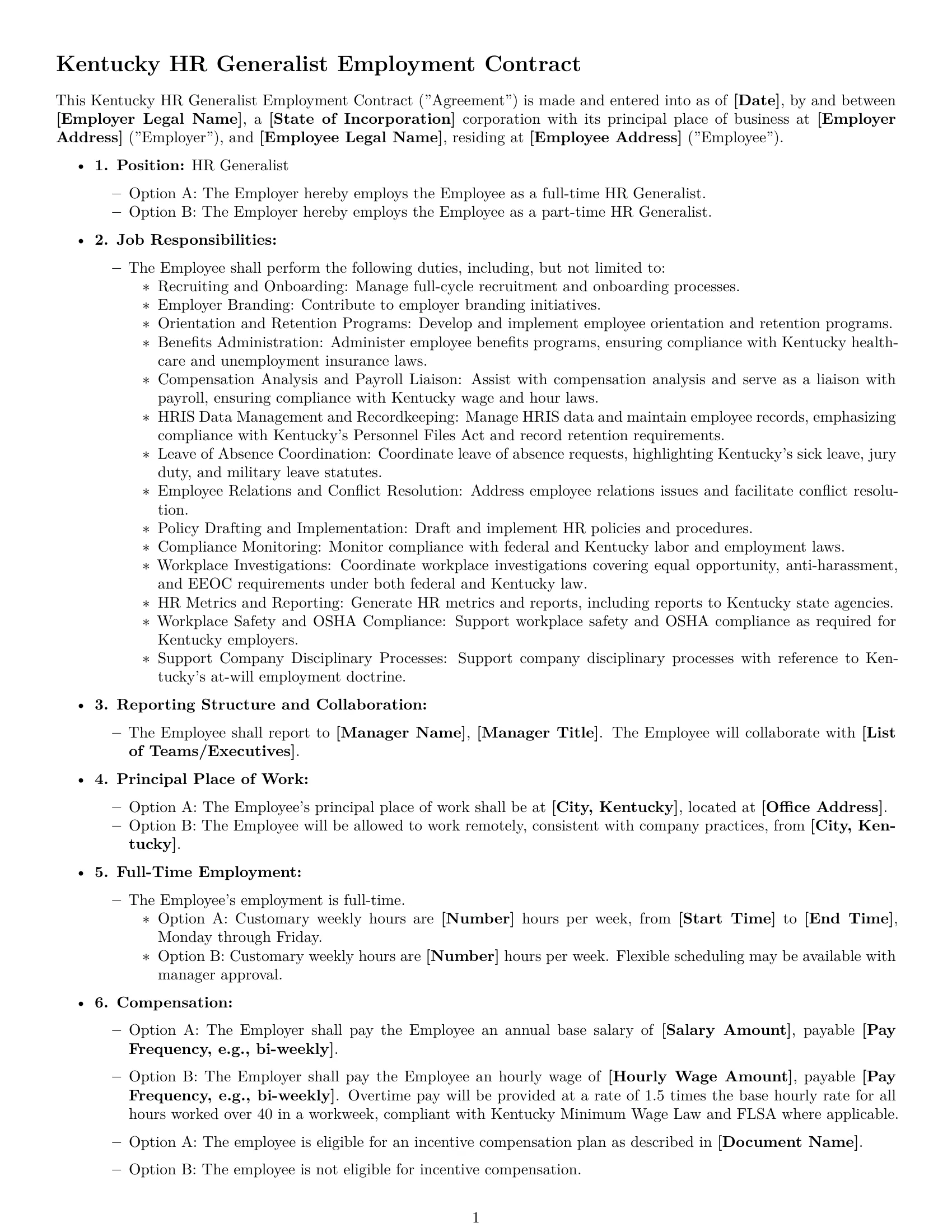 Preview page 1 of Free Kentucky HR generalist employment contract template