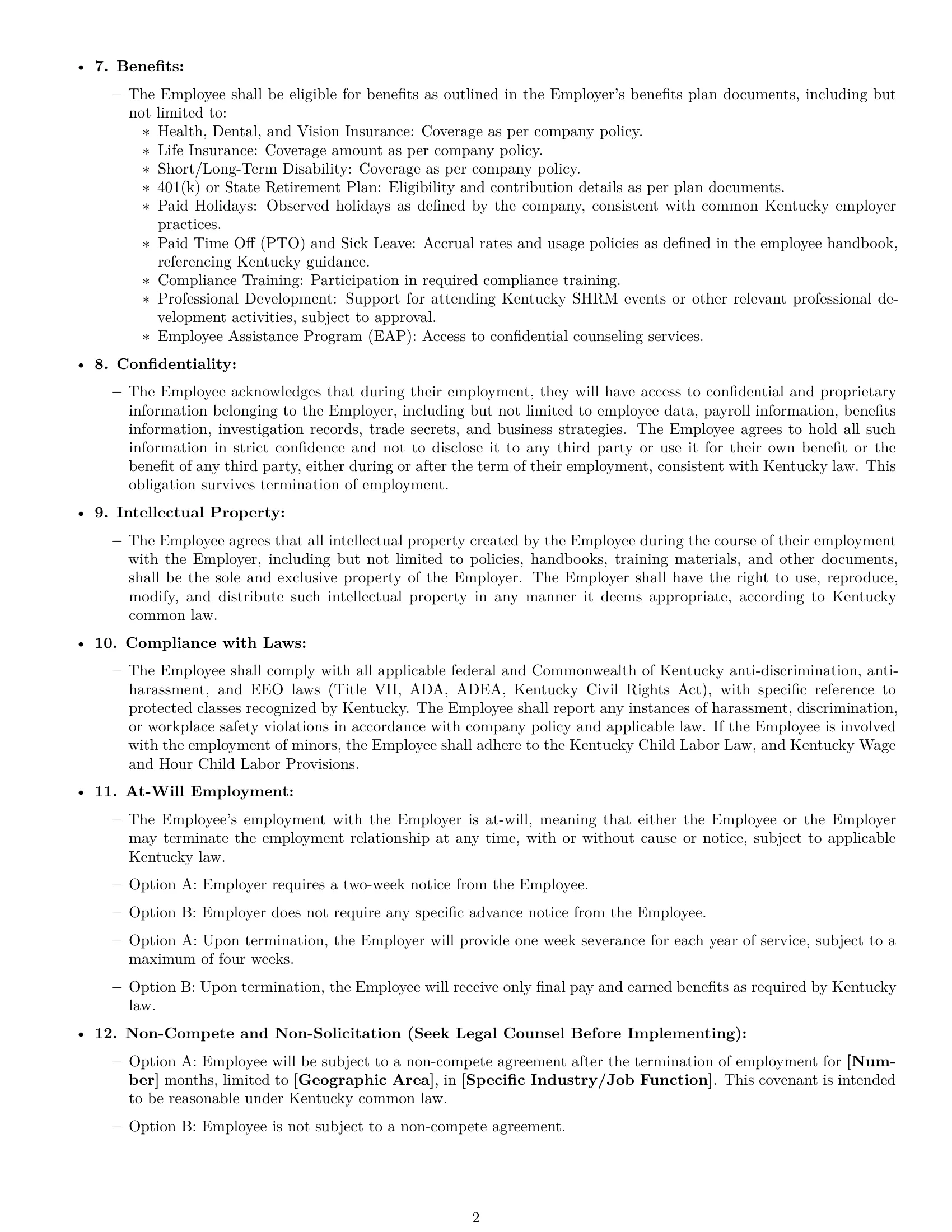 Preview page 2 of Free Kentucky HR generalist employment contract template