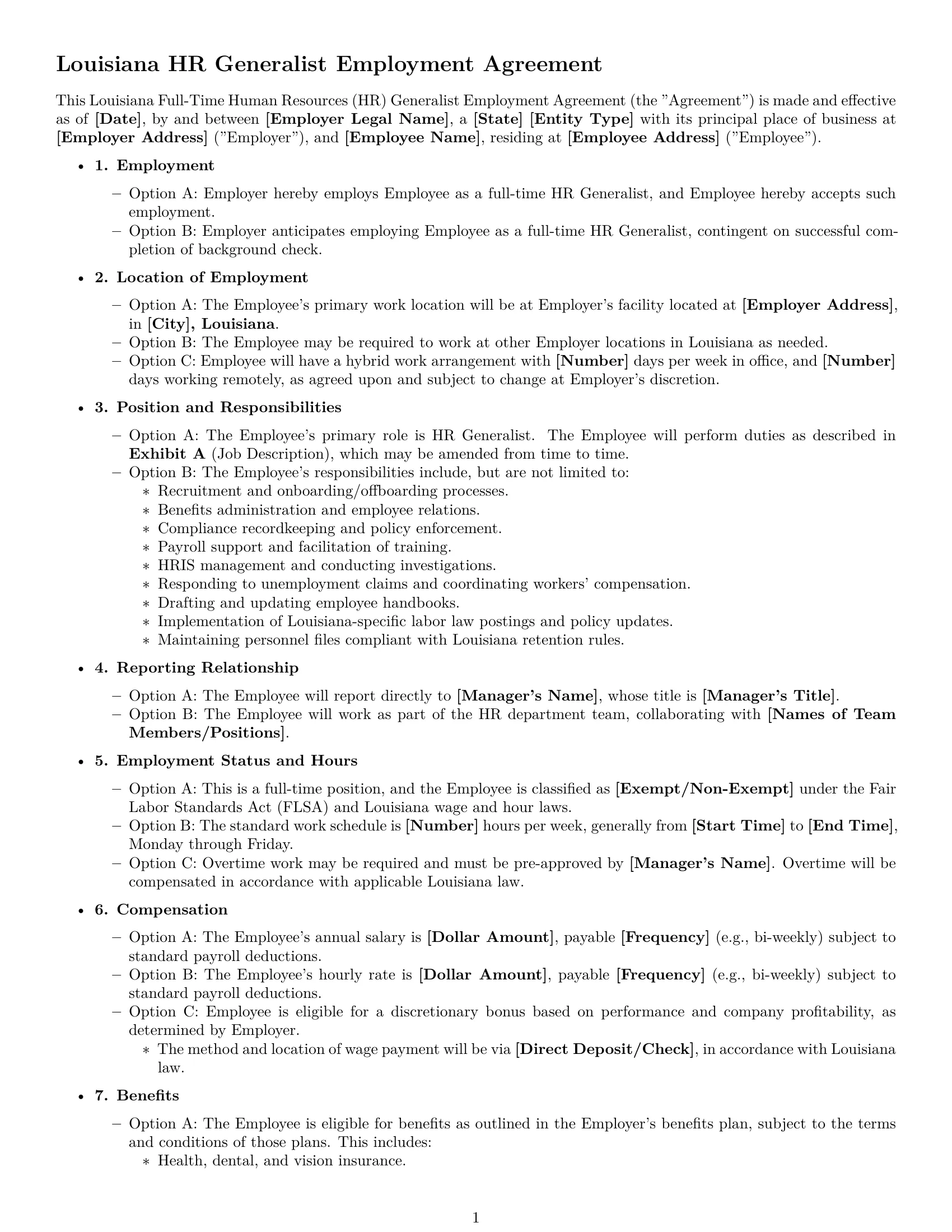 Preview page 1 of Free Louisiana HR generalist employment contract template