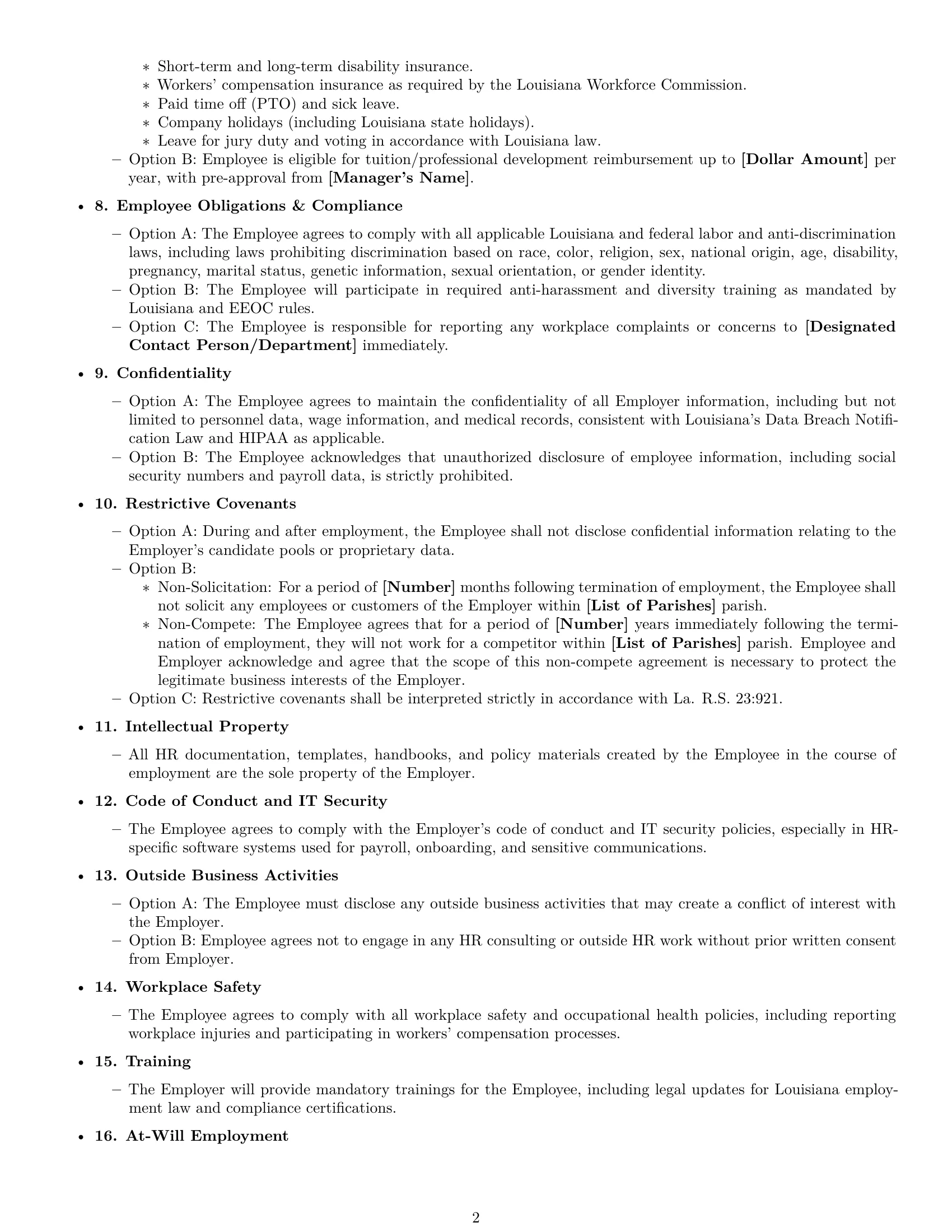 Preview page 2 of Free Louisiana HR generalist employment contract template