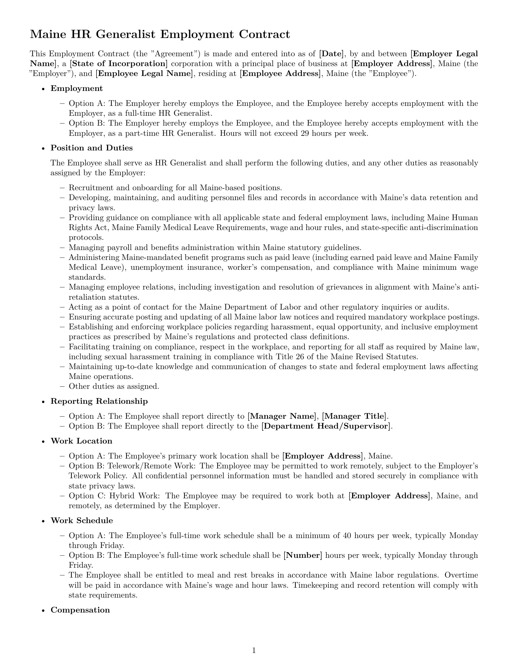 Preview page 1 of Free Maine HR generalist employment contract template
