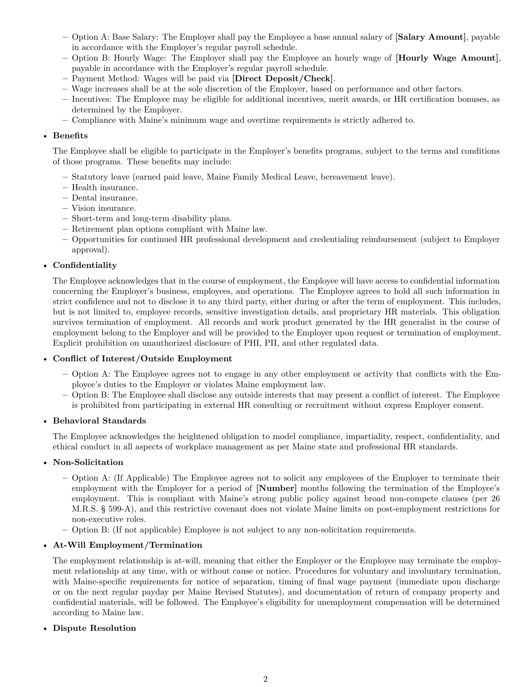 Preview page 2 of Free Maine HR generalist employment contract template