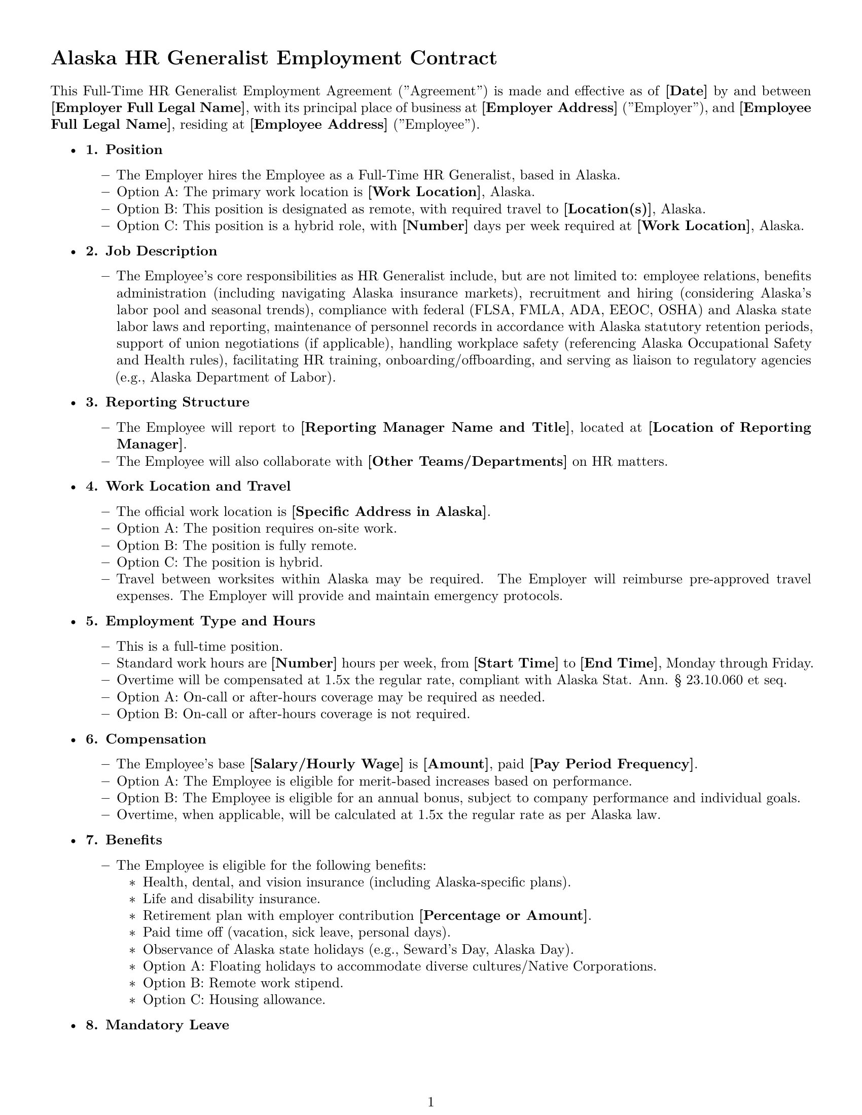 Preview page 1 of Free Alaska HR generalist employment contract template