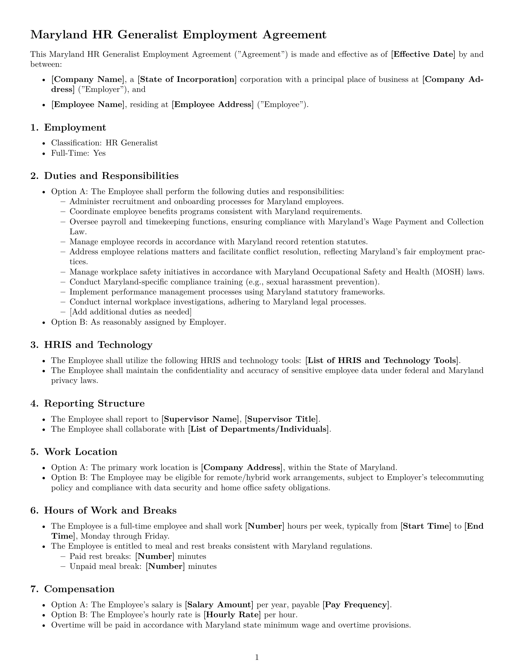 Preview page 1 of Free Maryland HR generalist employment contract template