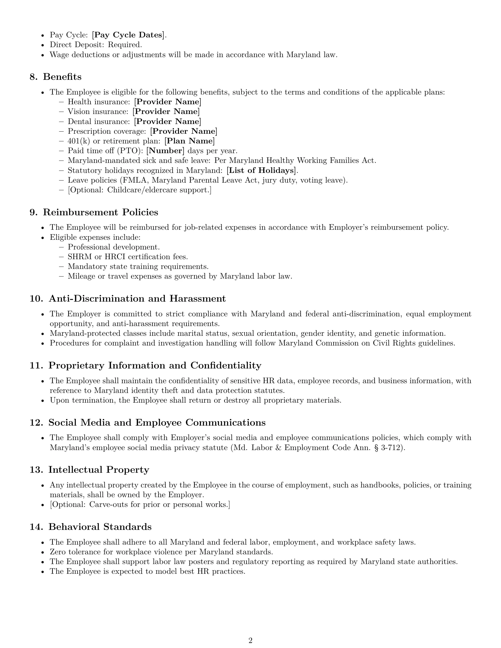 Preview page 2 of Free Maryland HR generalist employment contract template