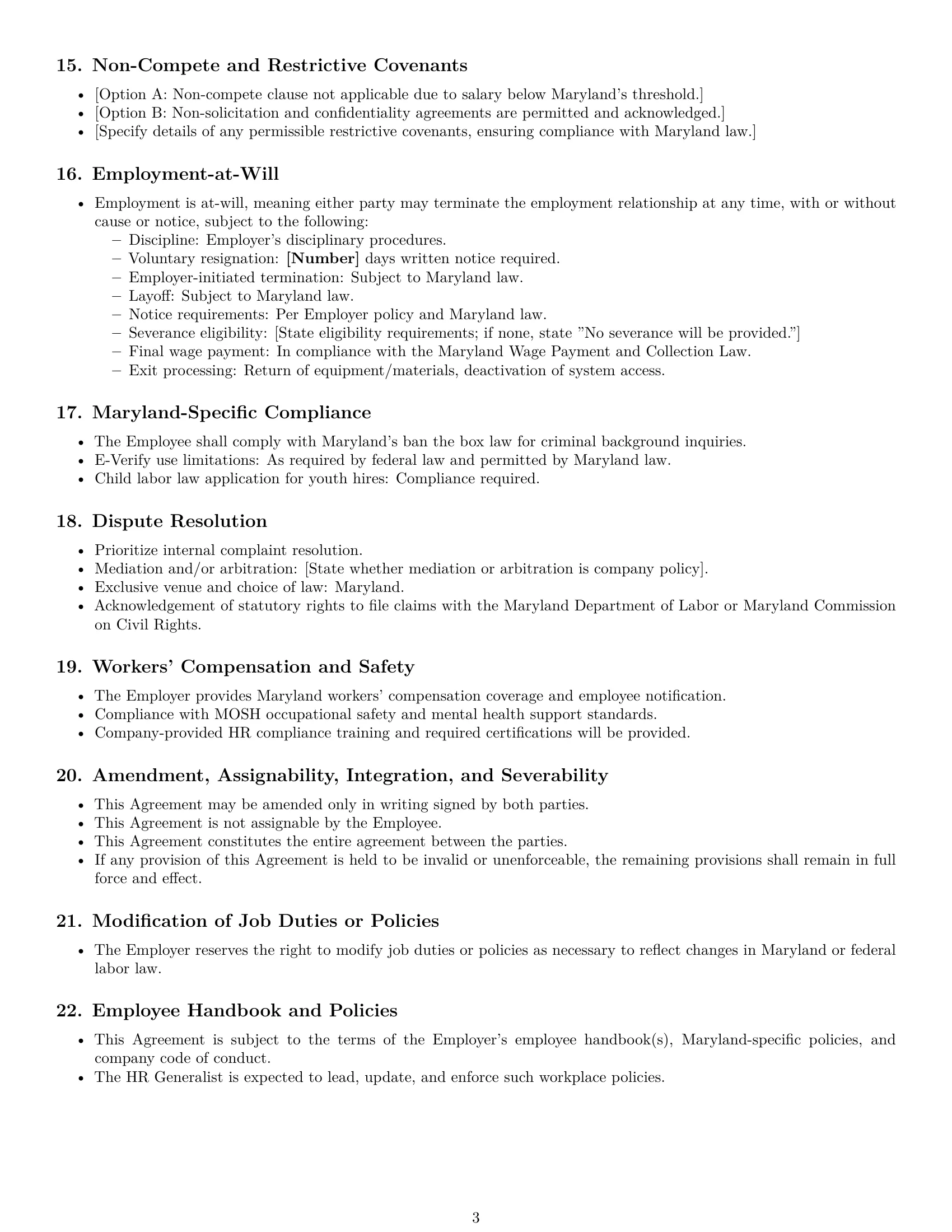Preview page 3 of Free Maryland HR generalist employment contract template