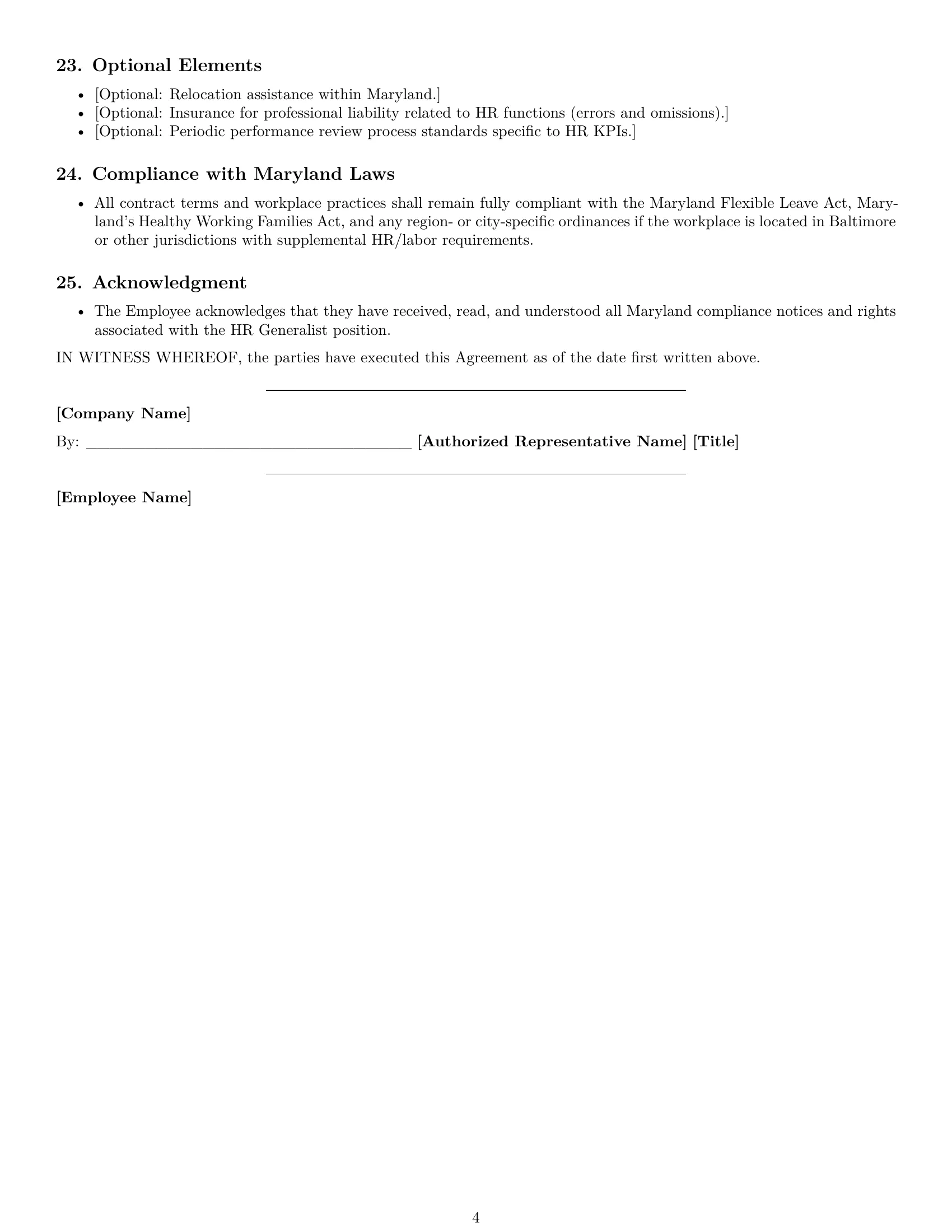Preview page 4 of Free Maryland HR generalist employment contract template