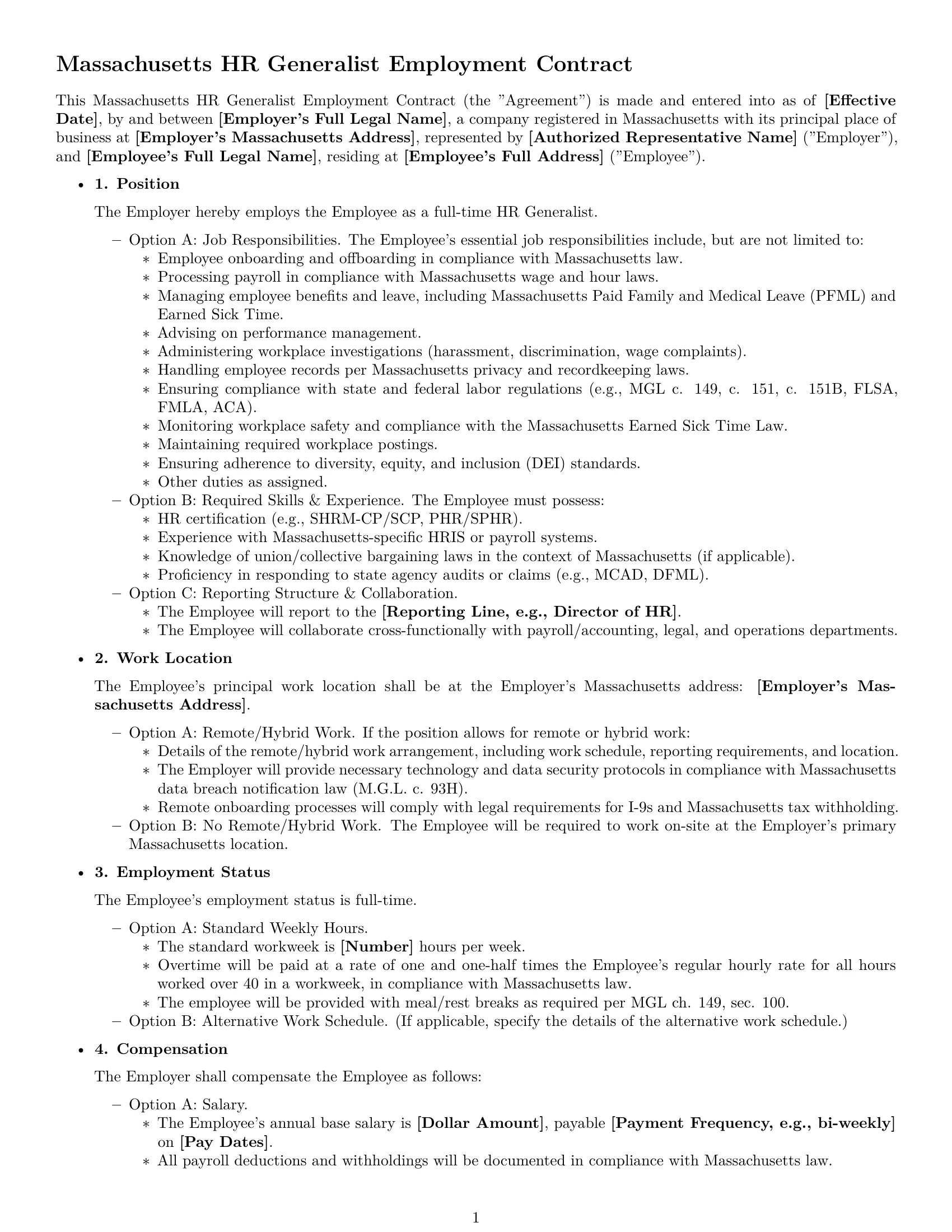 Preview page 1 of Free Massachusetts HR generalist employment contract template