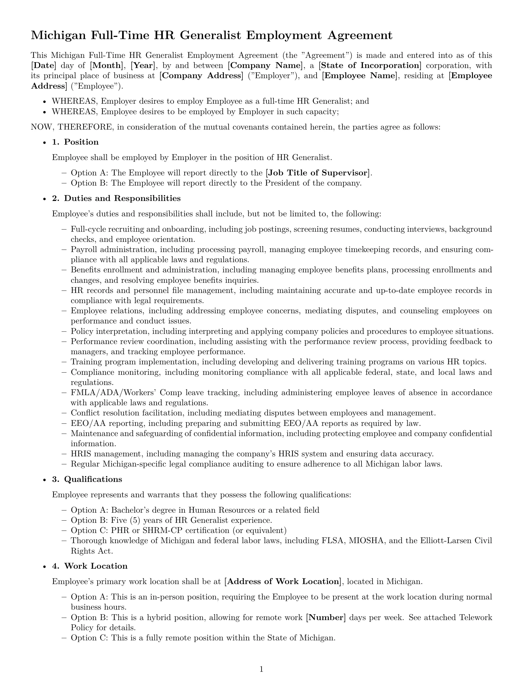 Preview page 1 of Free Michigan HR generalist employment contract template