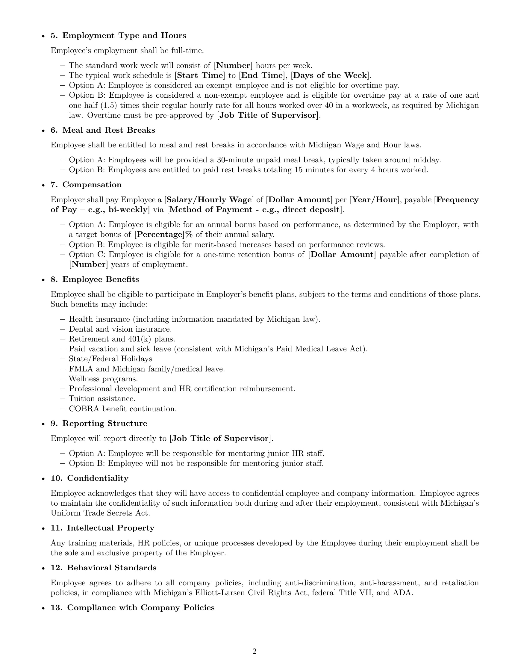Preview page 2 of Free Michigan HR generalist employment contract template