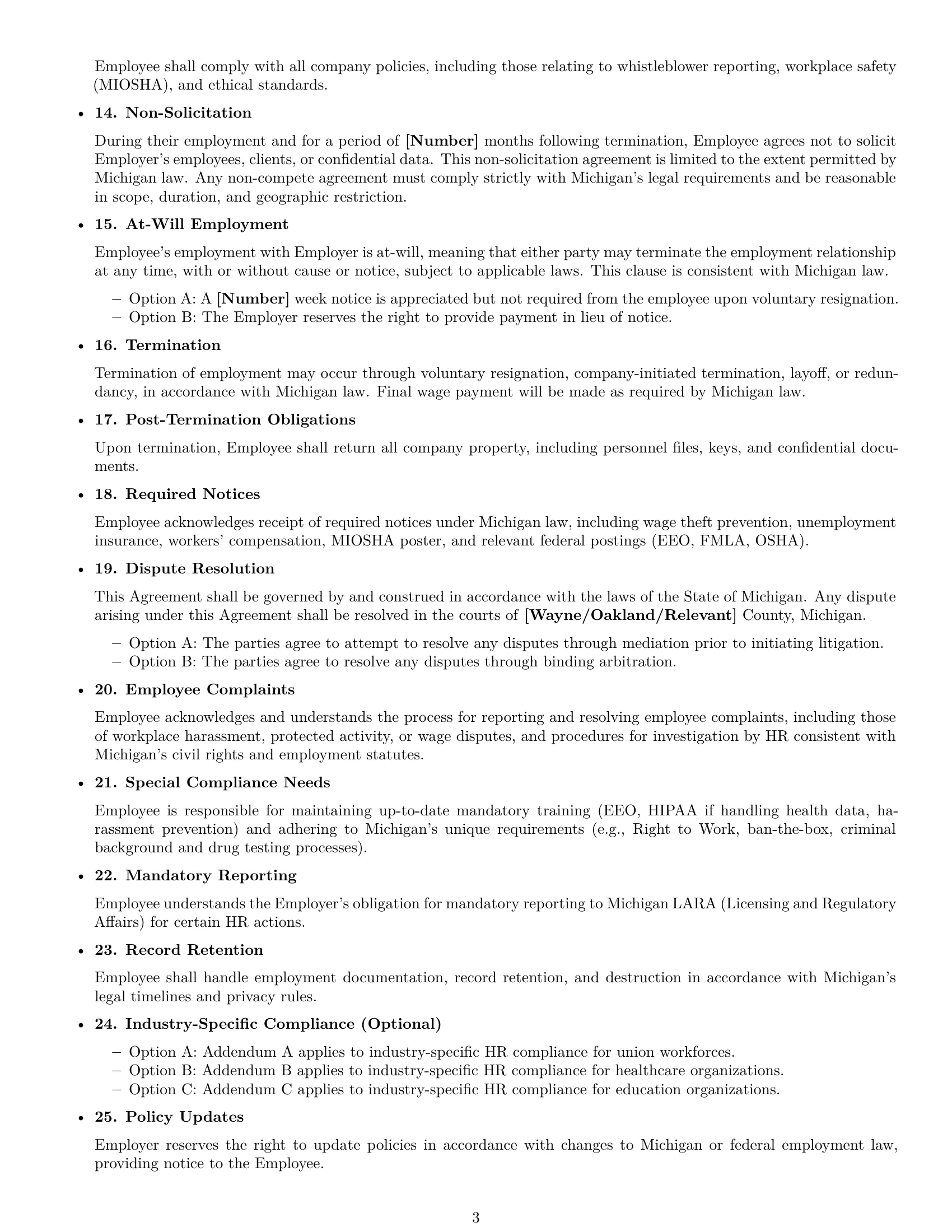 Preview page 3 of Free Michigan HR generalist employment contract template