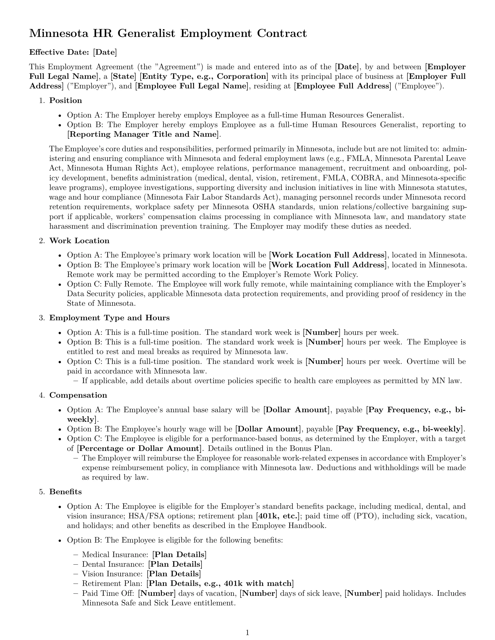 Preview page 1 of Free Minnesota HR generalist employment contract template