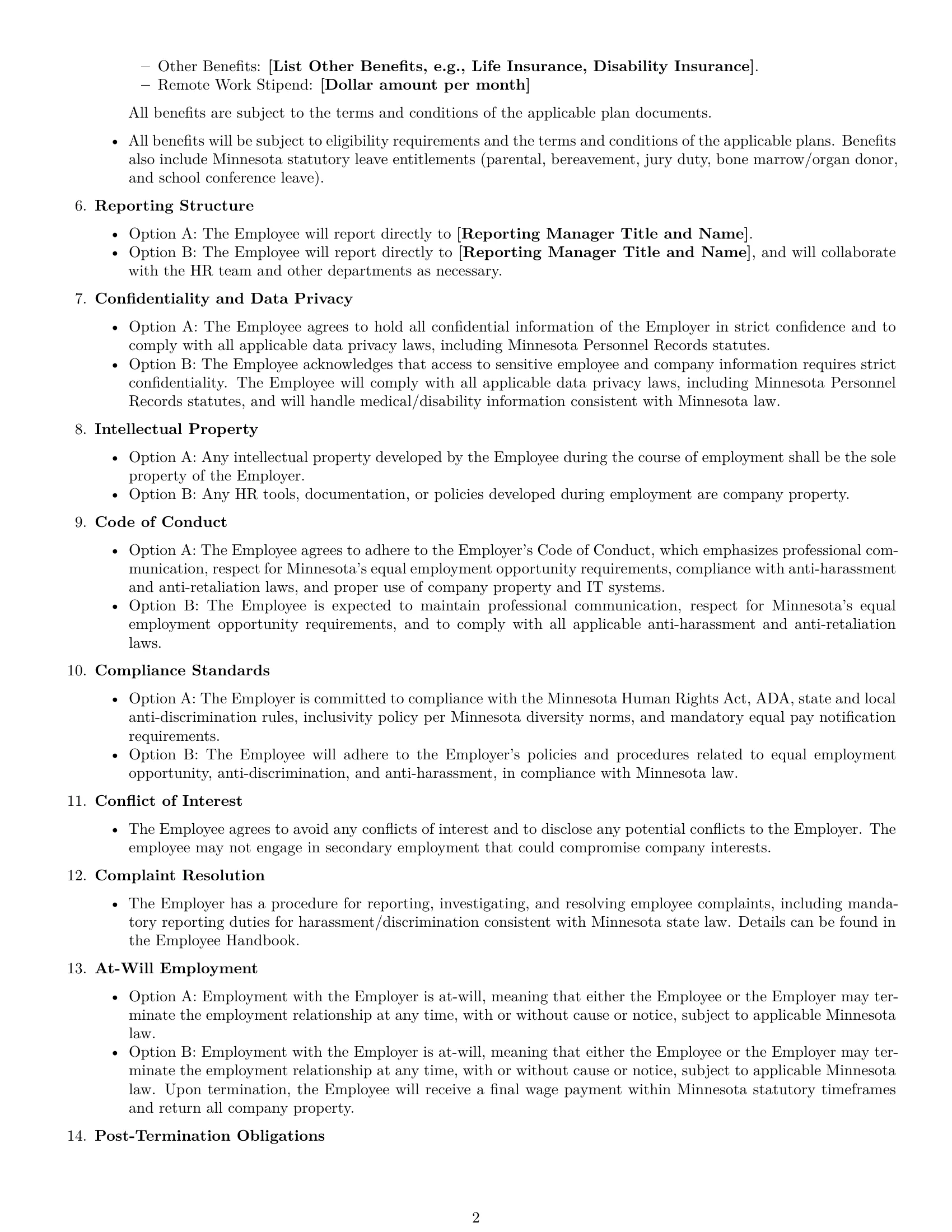 Preview page 2 of Free Minnesota HR generalist employment contract template