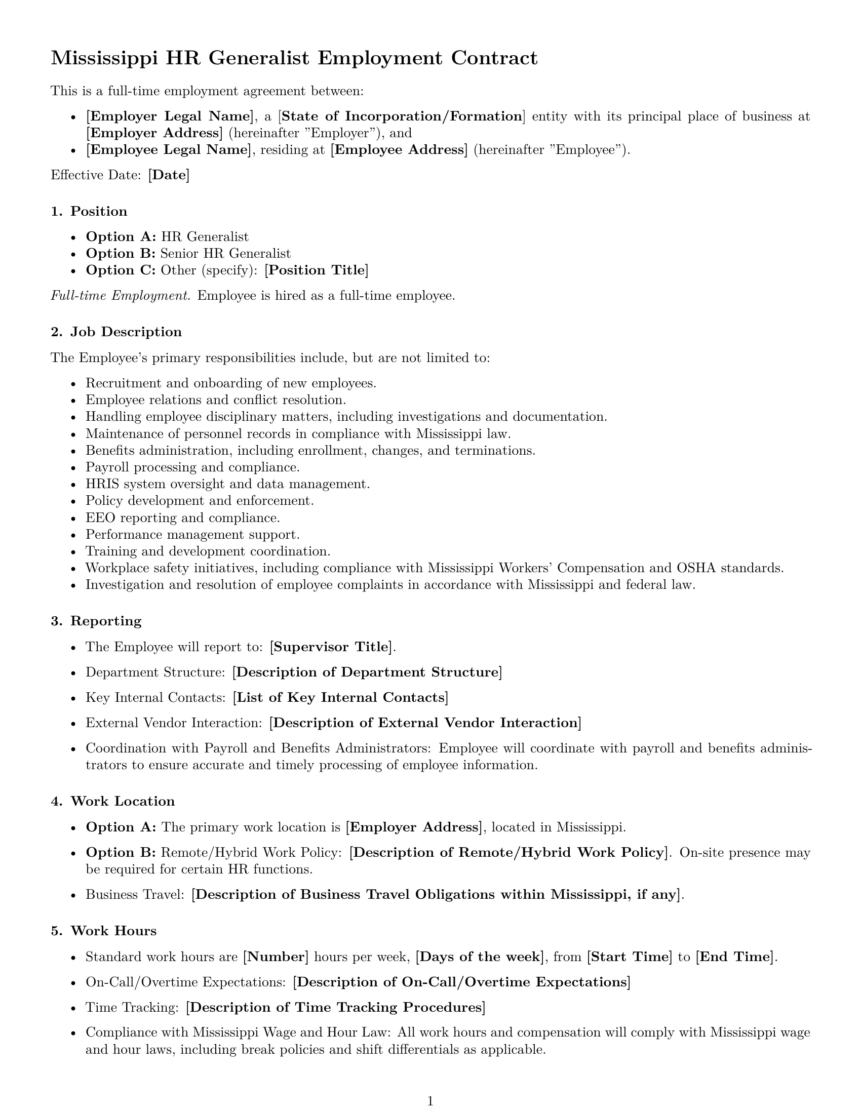 Preview page 1 of Free Mississippi HR generalist employment contract template