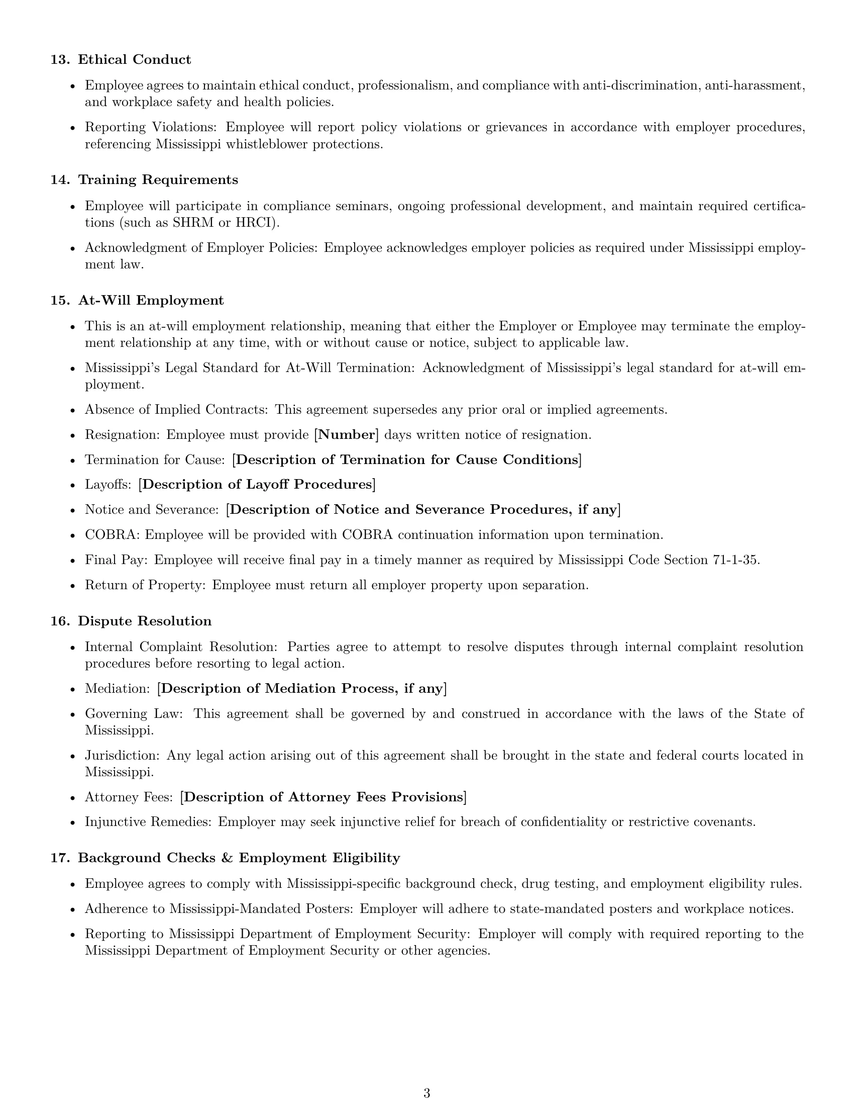Preview page 3 of Free Mississippi HR generalist employment contract template