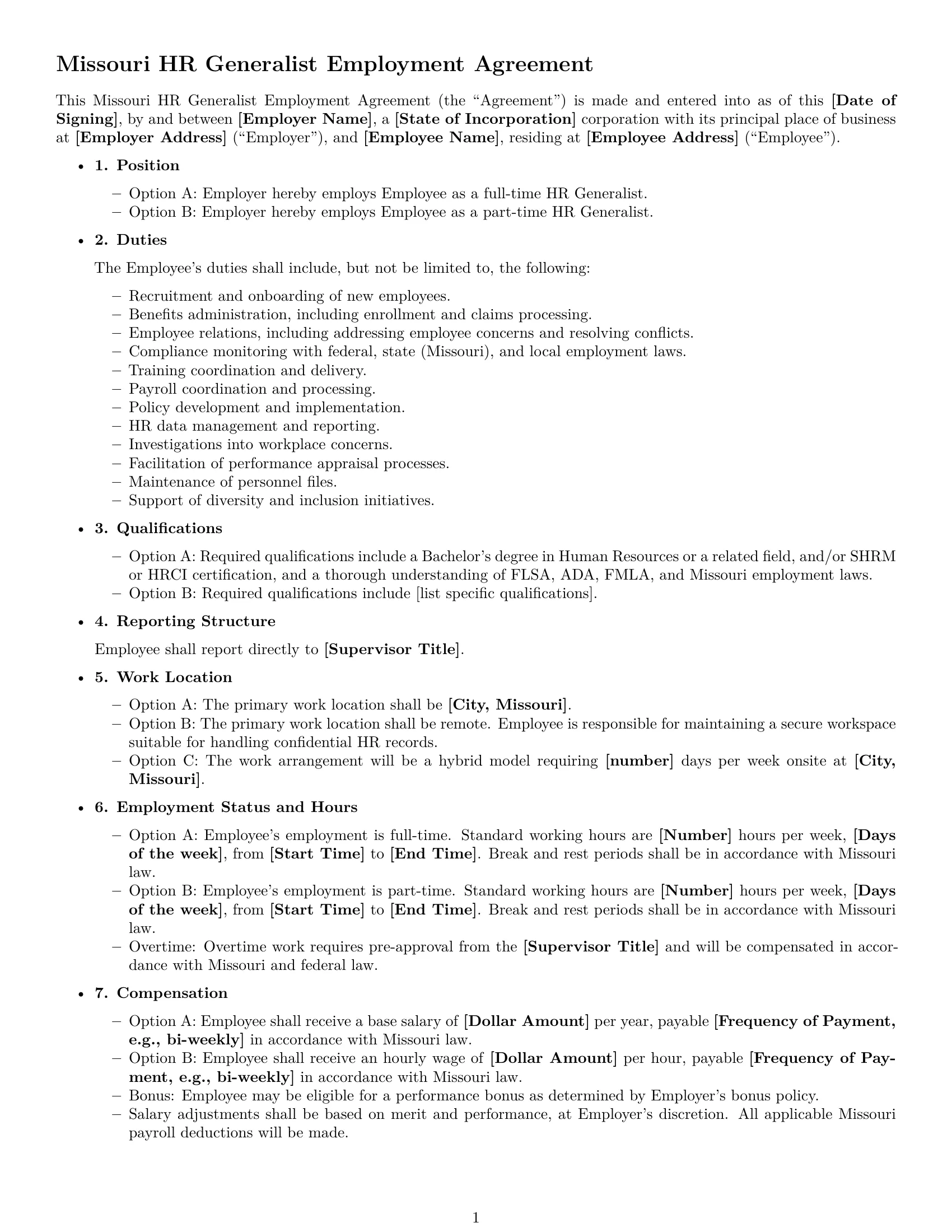 Preview page 1 of Free Missouri HR generalist employment contract template