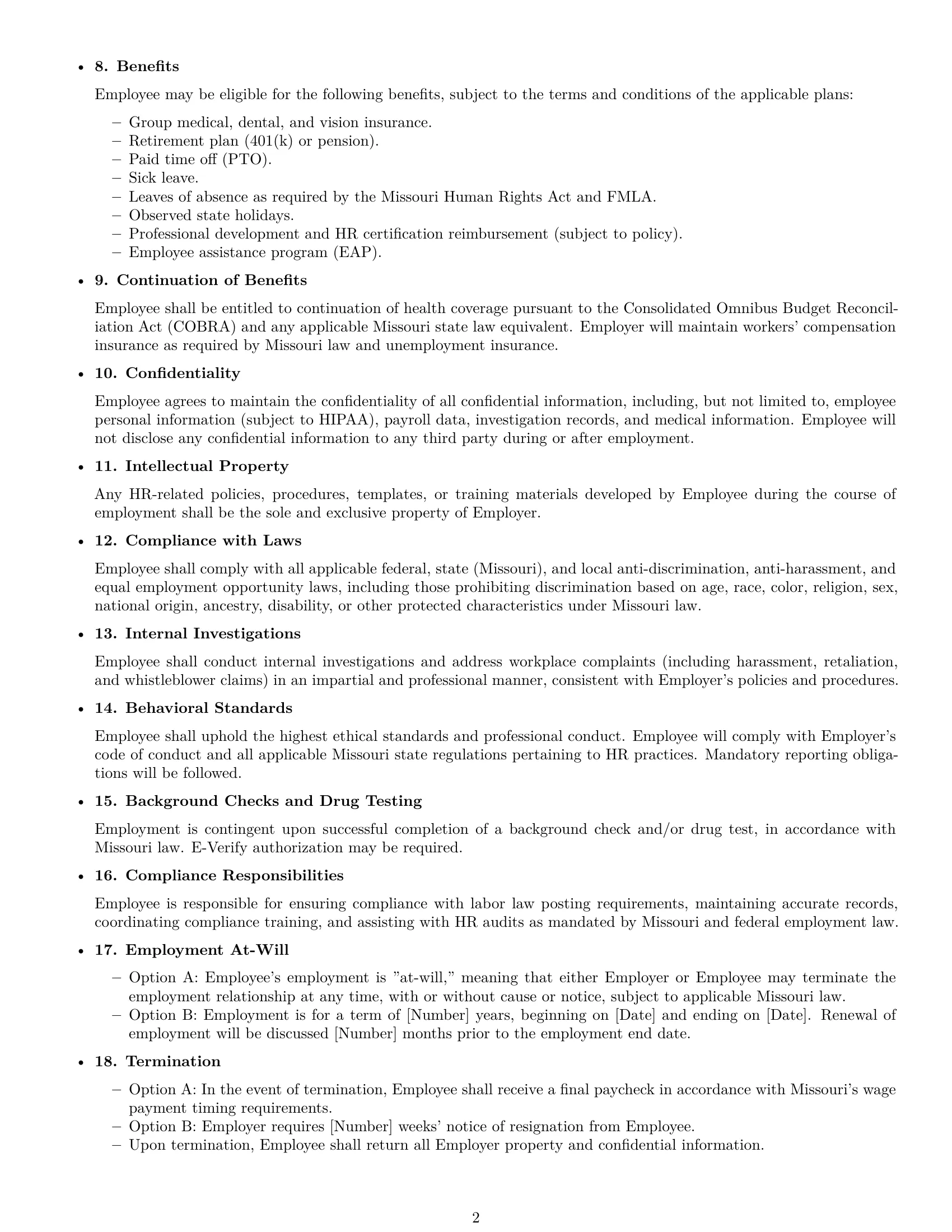 Preview page 2 of Free Missouri HR generalist employment contract template