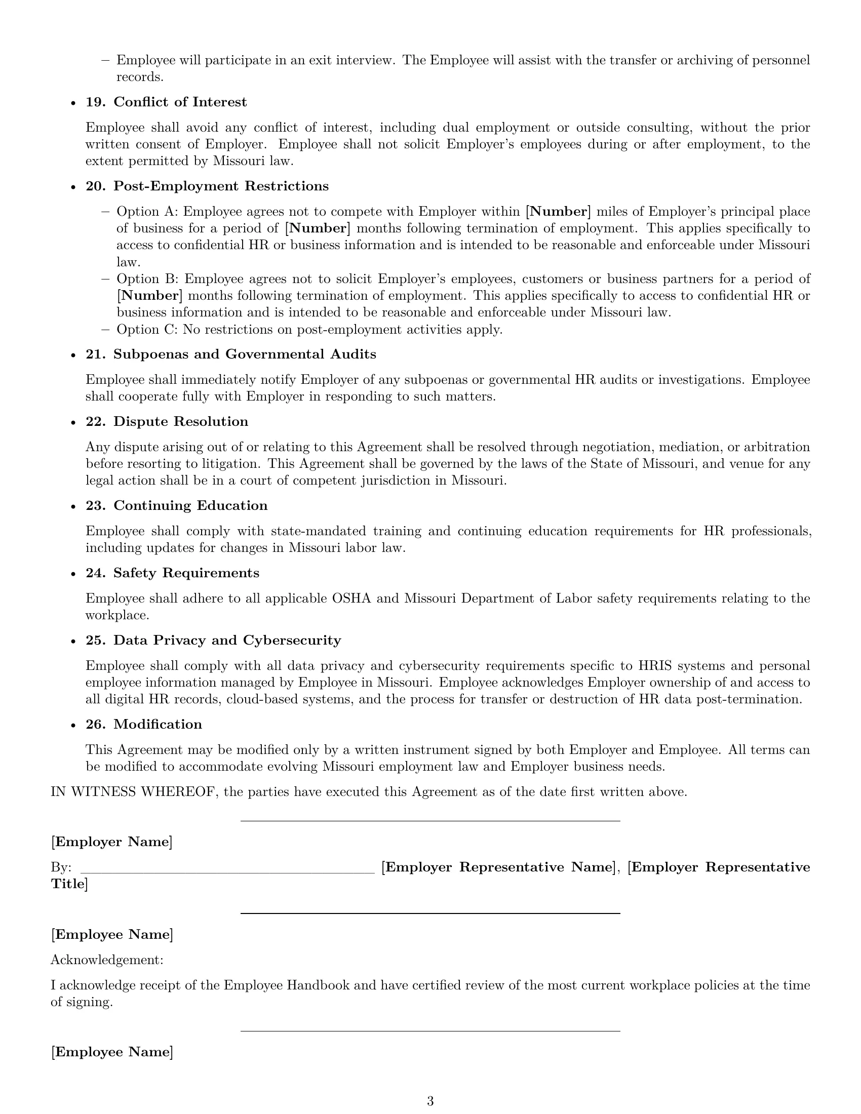 Preview page 3 of Free Missouri HR generalist employment contract template