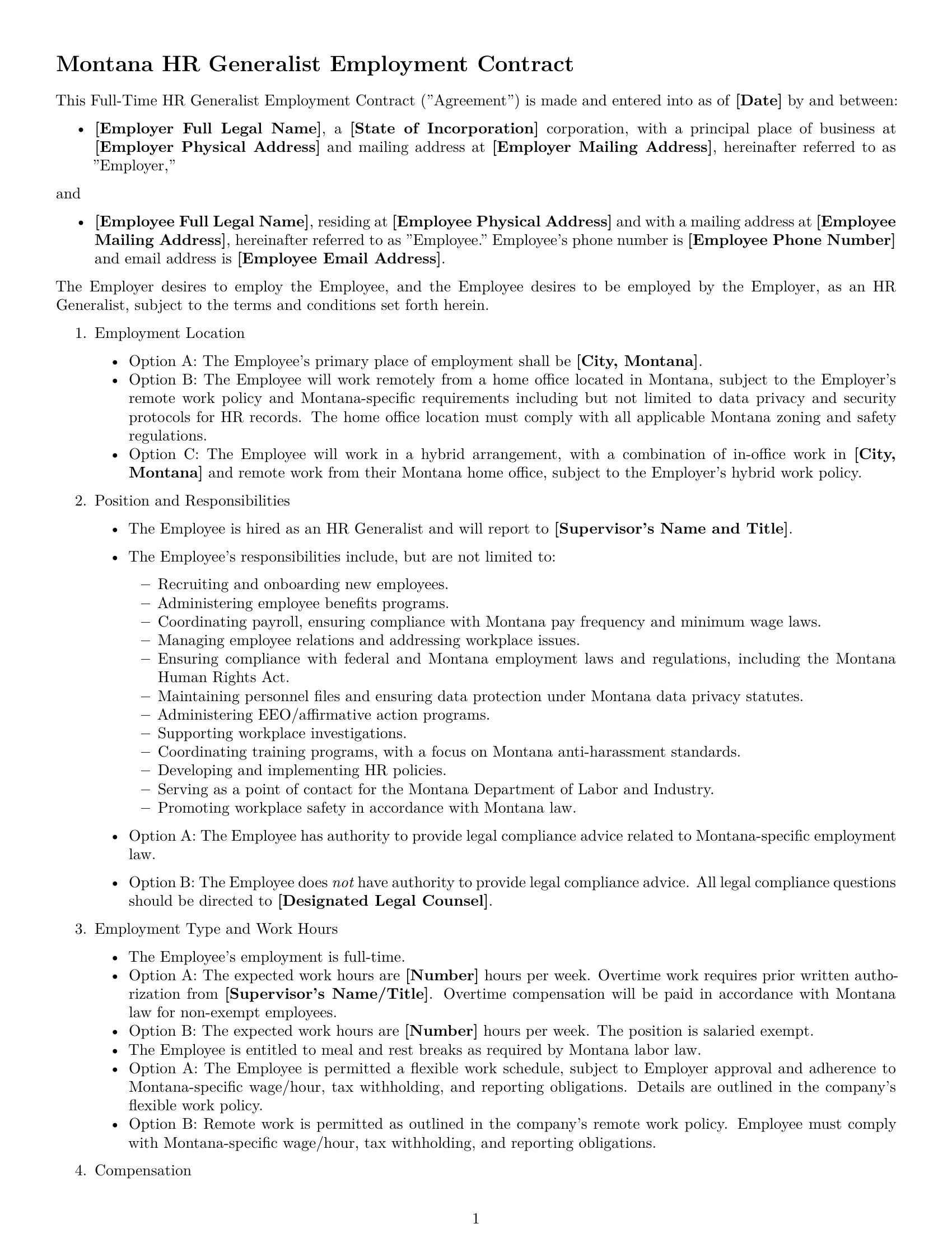 Preview page 1 of Free Montana HR generalist employment contract template
