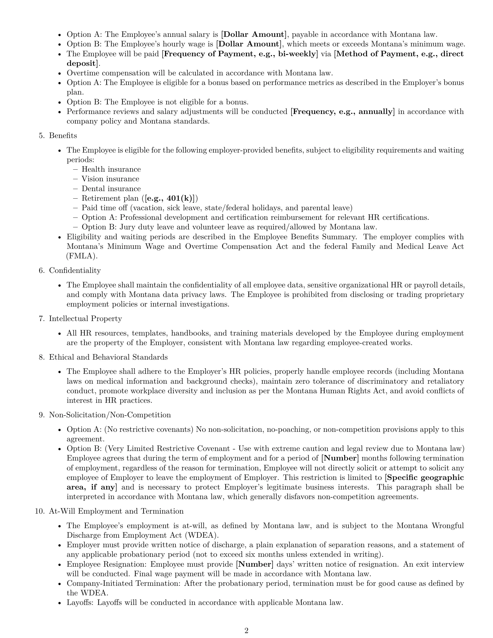 Preview page 2 of Free Montana HR generalist employment contract template