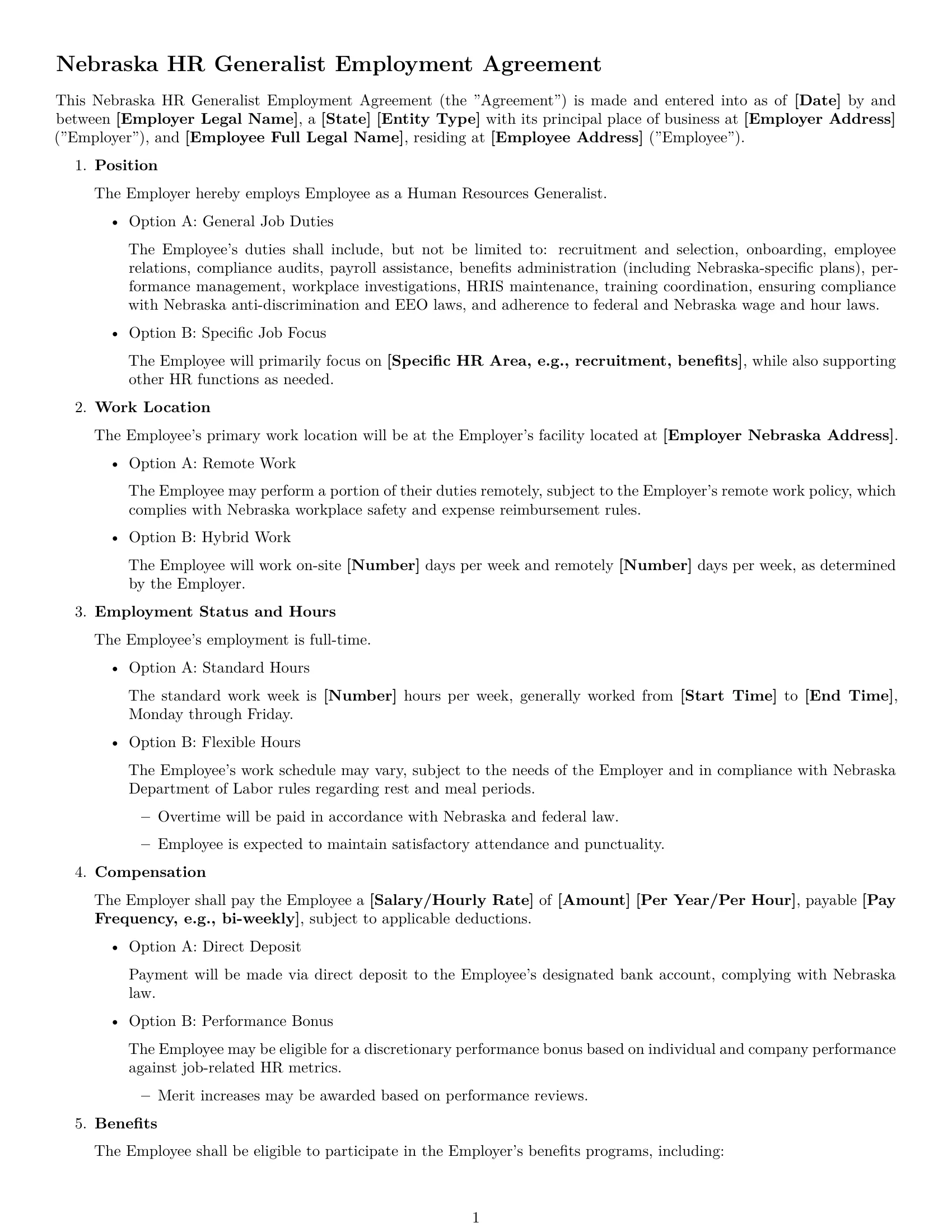 Preview page 1 of Free Nebraska HR generalist employment contract template