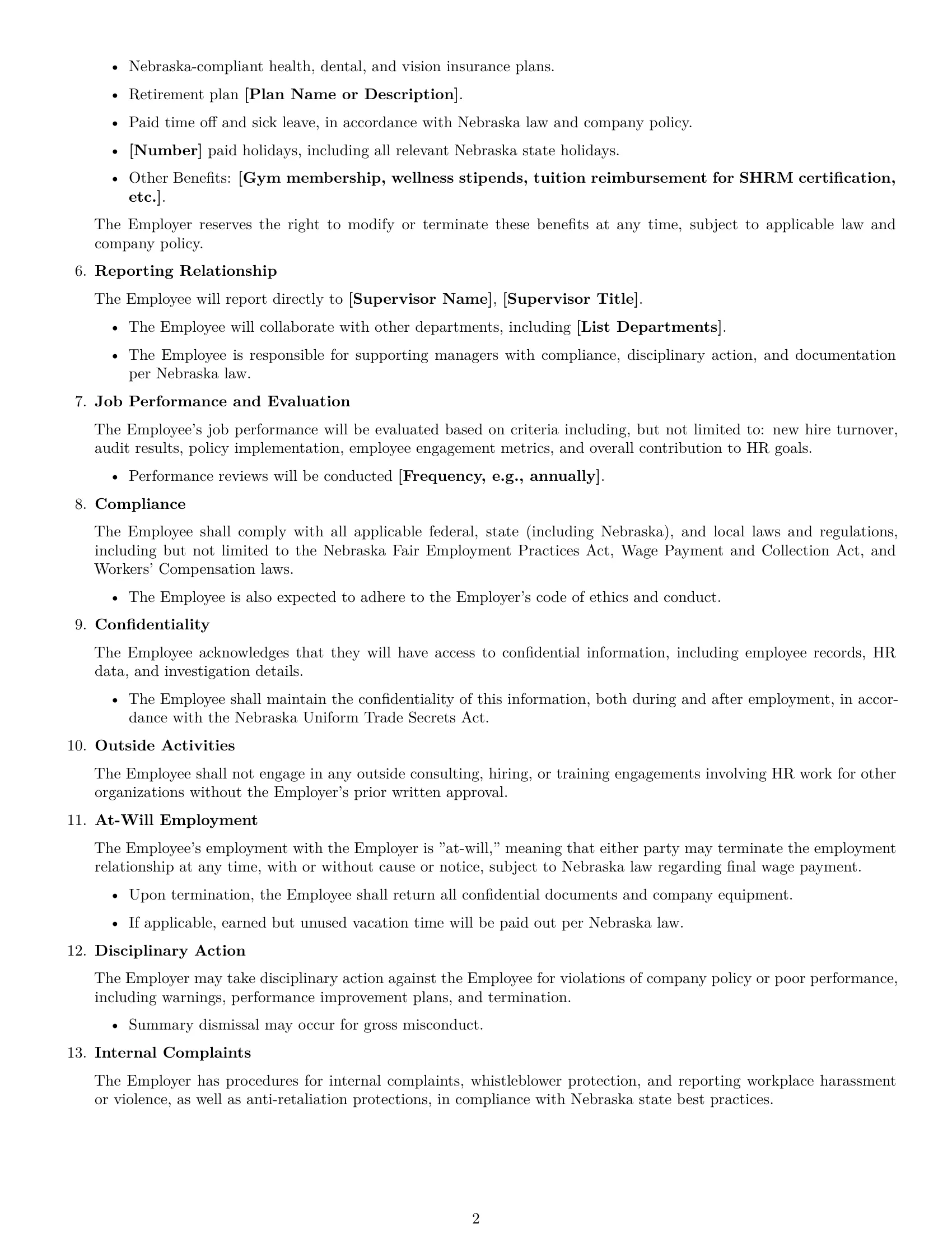 Preview page 2 of Free Nebraska HR generalist employment contract template