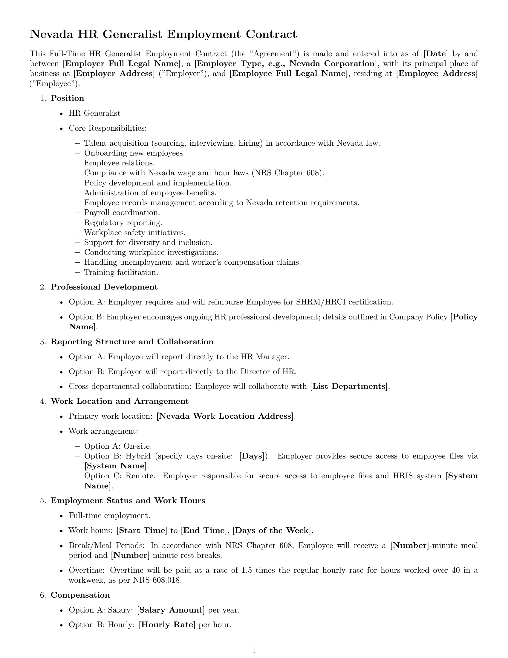 Preview page 1 of Free Nevada HR generalist employment contract template
