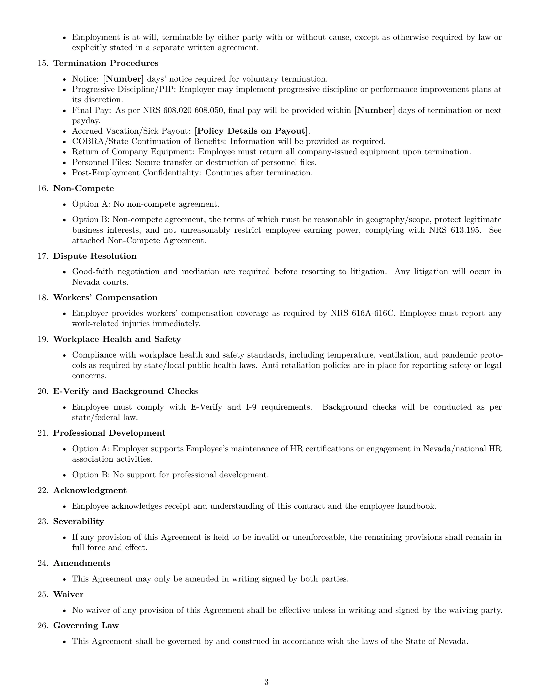 Preview page 3 of Free Nevada HR generalist employment contract template