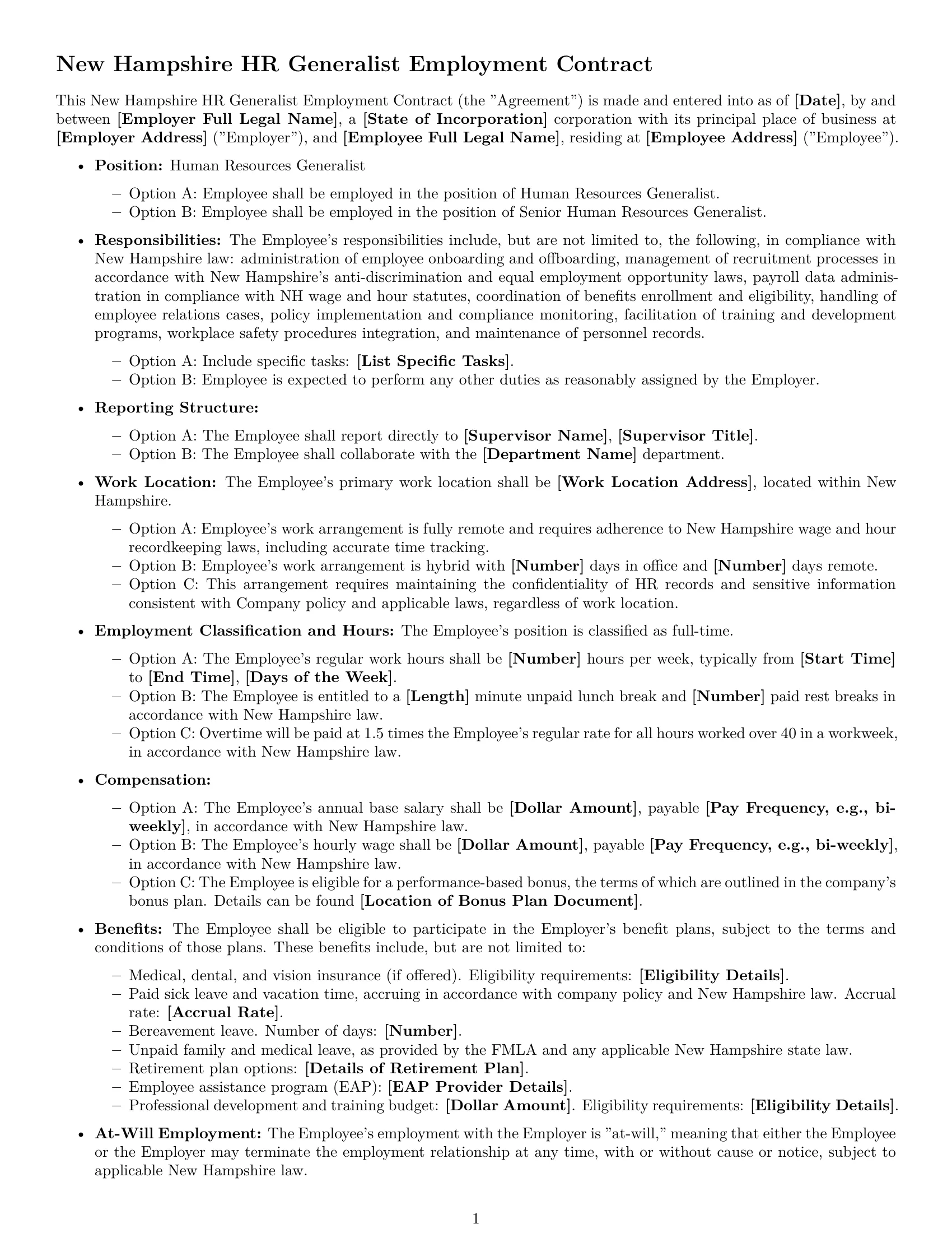 Preview page 1 of Free New Hampshire HR generalist employment contract template