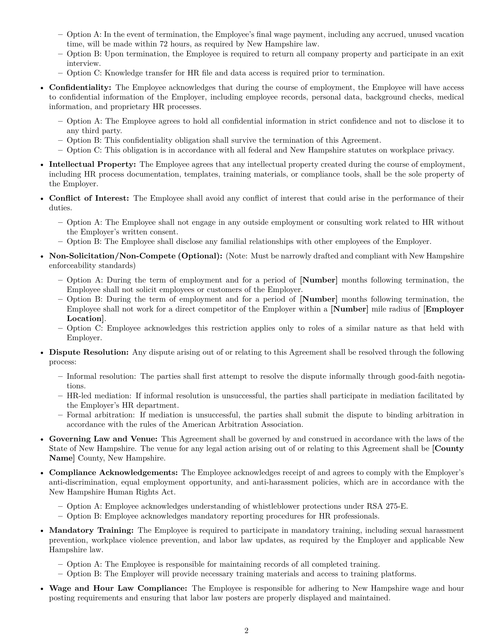 Preview page 2 of Free New Hampshire HR generalist employment contract template