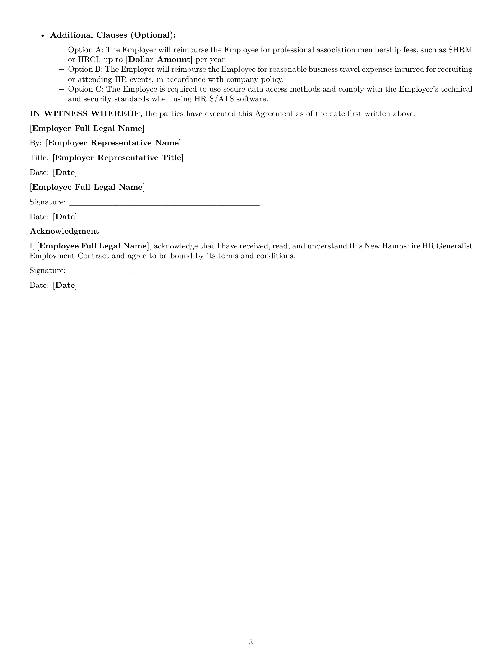 Preview page 3 of Free New Hampshire HR generalist employment contract template