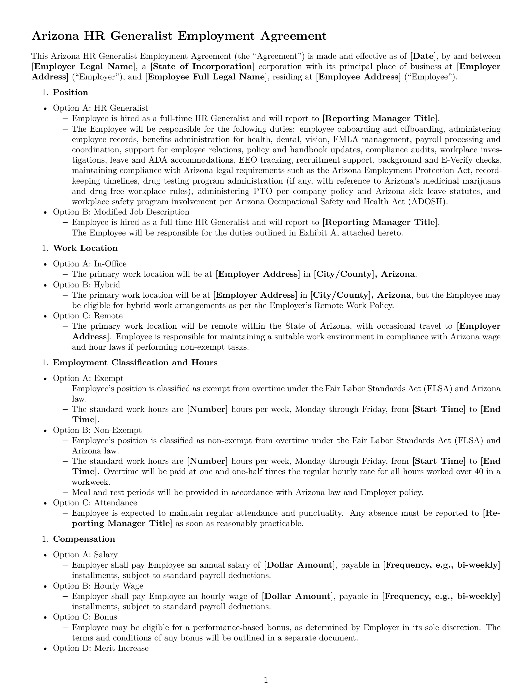 Preview page 1 of Free Arizona HR generalist employment contract template
